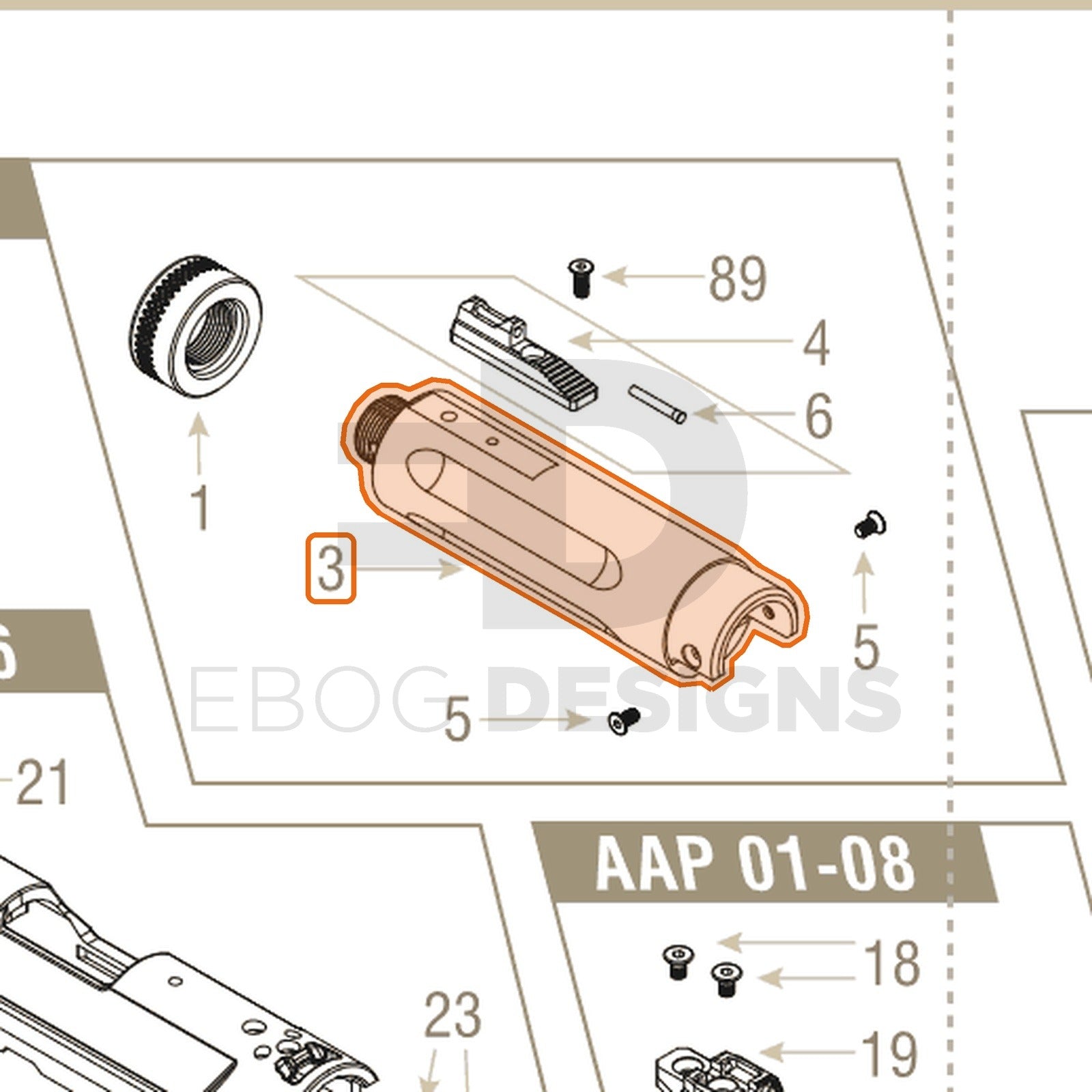 Action Army AAP-01 parts diagram with the outer barrel, part 3, outlined
