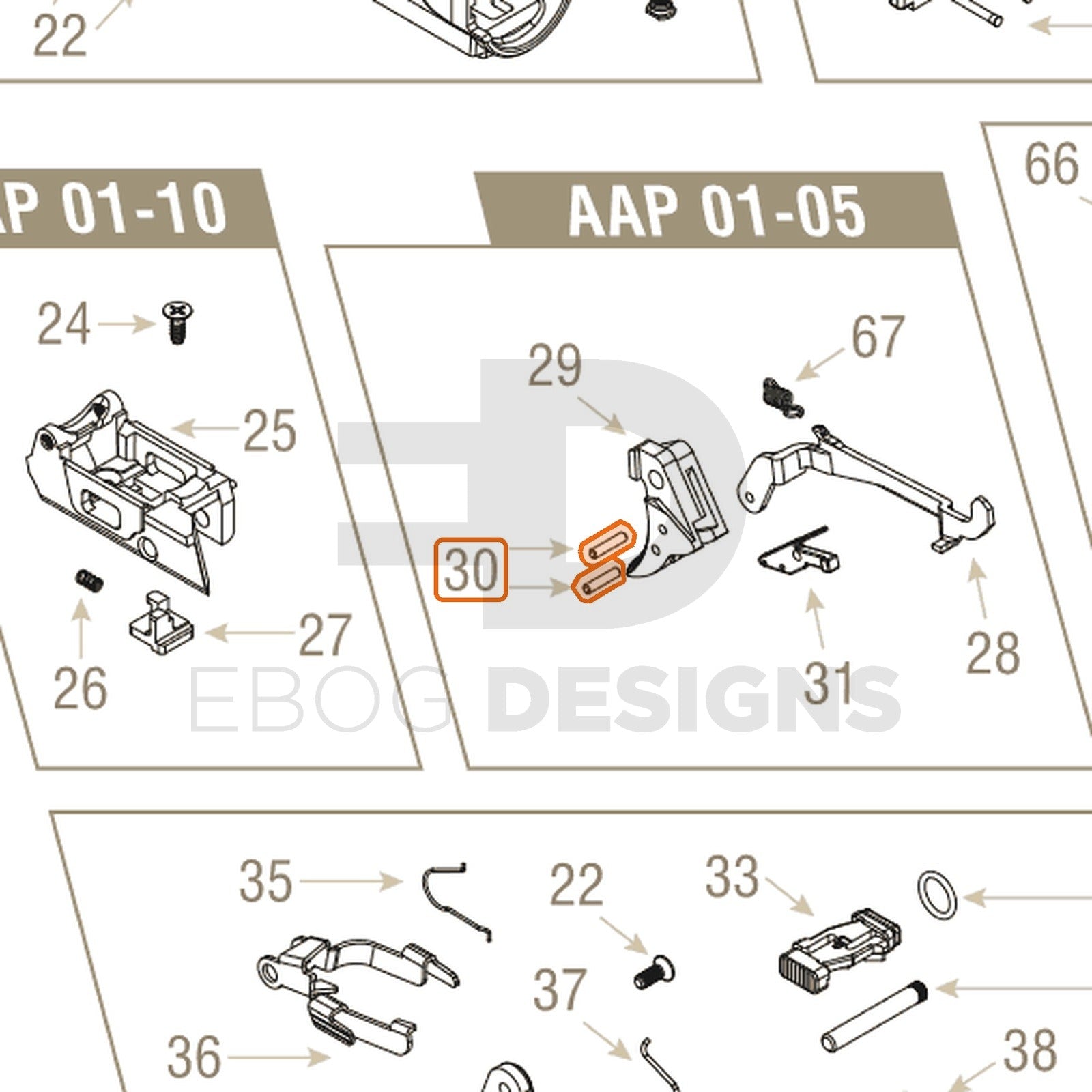 Action Army AAP-01 parts diagram with the trigger pin, part 30, outlined