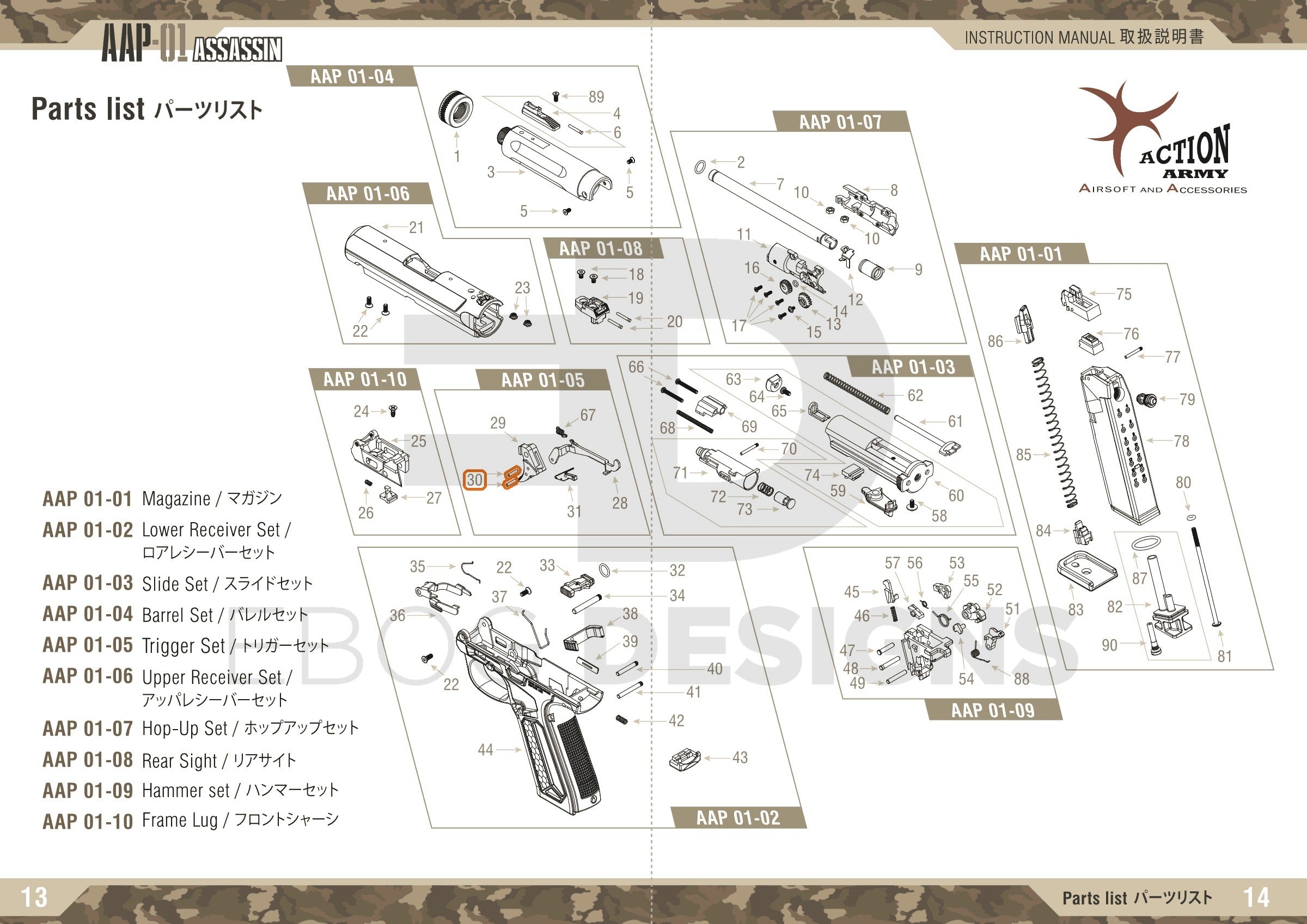 Full Action Army AAP-01 parts diagram showing where the trigger pin (part 30) fits