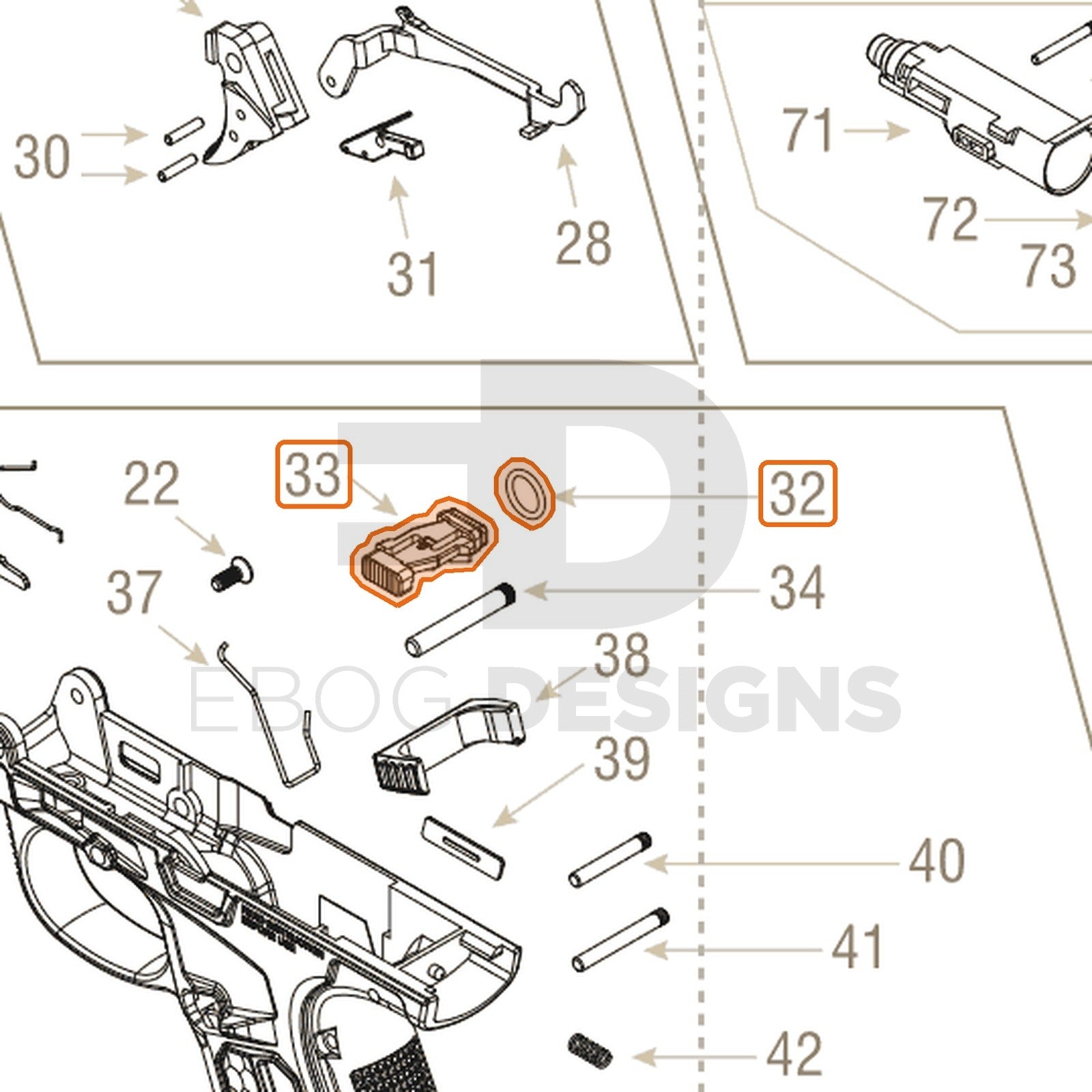Action Army AAP-01 parts diagram with the safety switch with O-ring, parts 32 and 33, outlined