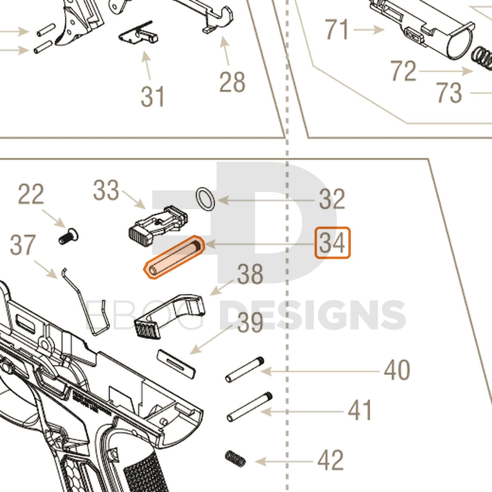 Action Army AAP-01 parts diagram with the trigger housing pin, part 34, outlined