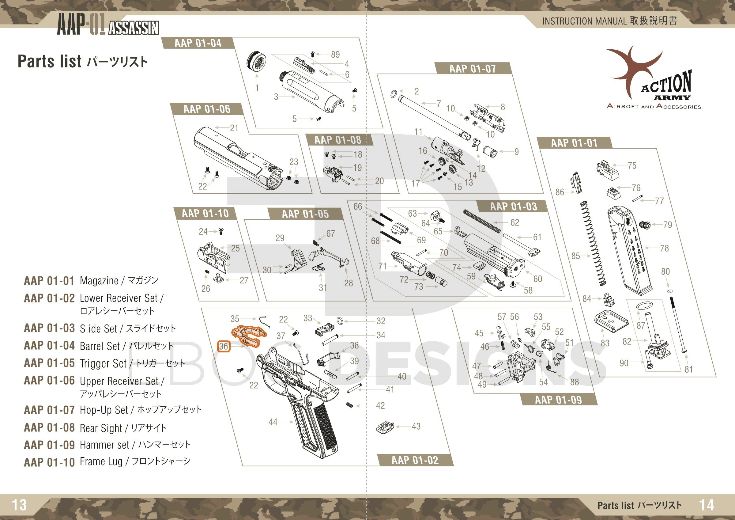 Full Action Army AAP-01 parts diagram showing where the slide catch (part 36) fits