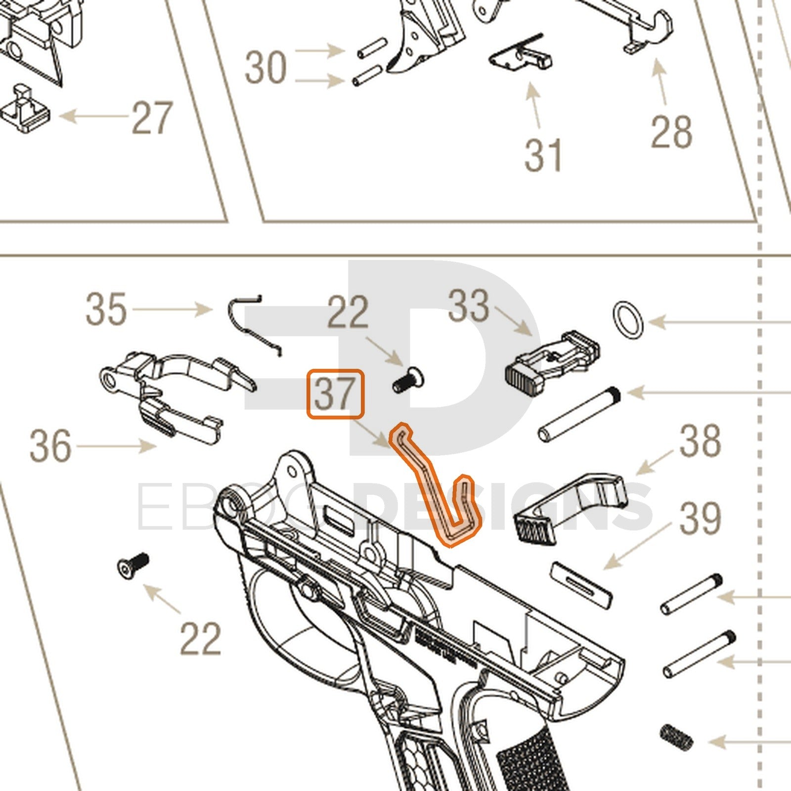 Action Army AAP-01 parts diagram with the magazine release spring, part 37, outlined