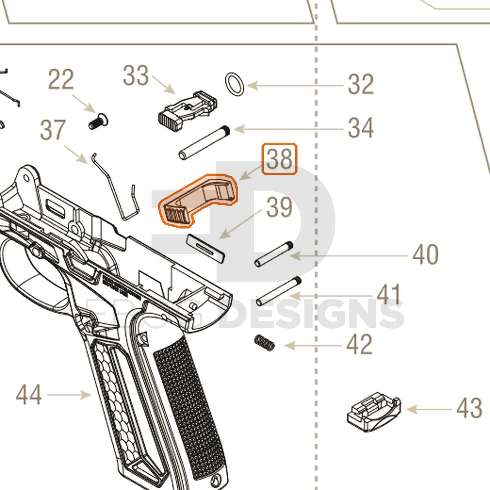 Action Army AAP-01 parts diagram with the magazine release, part 38, outlined
