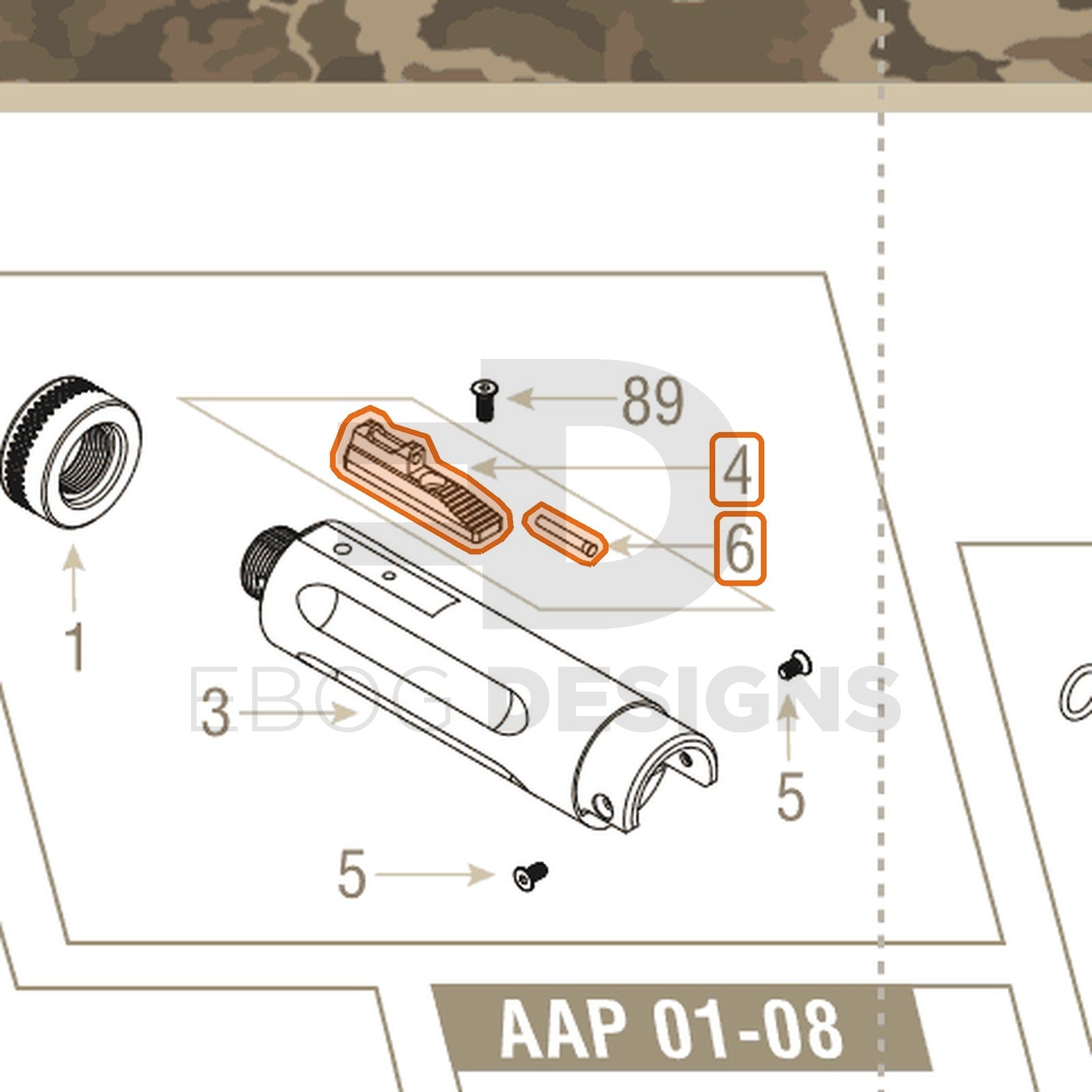 Action Army AAP-01 parts diagram with the front sight with optic, parts 4 and 6, outlined
