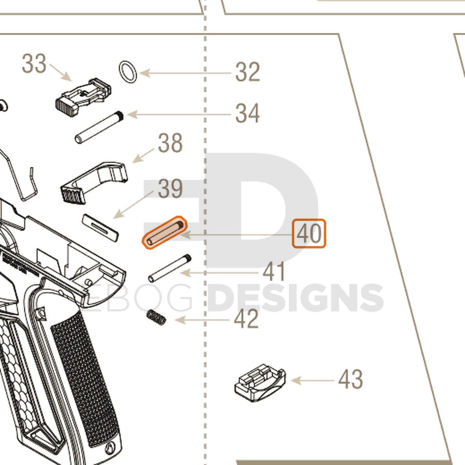 Action Army AAP-01 parts diagram with the lower grip pin, part 40, outlined
