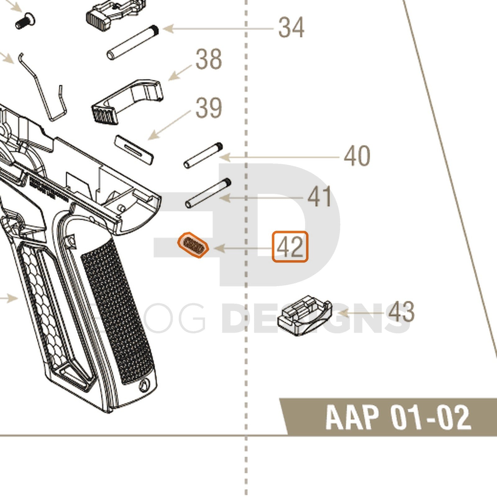 Action Army AAP-01 parts diagram with the upper lock spring, part 42, outlined