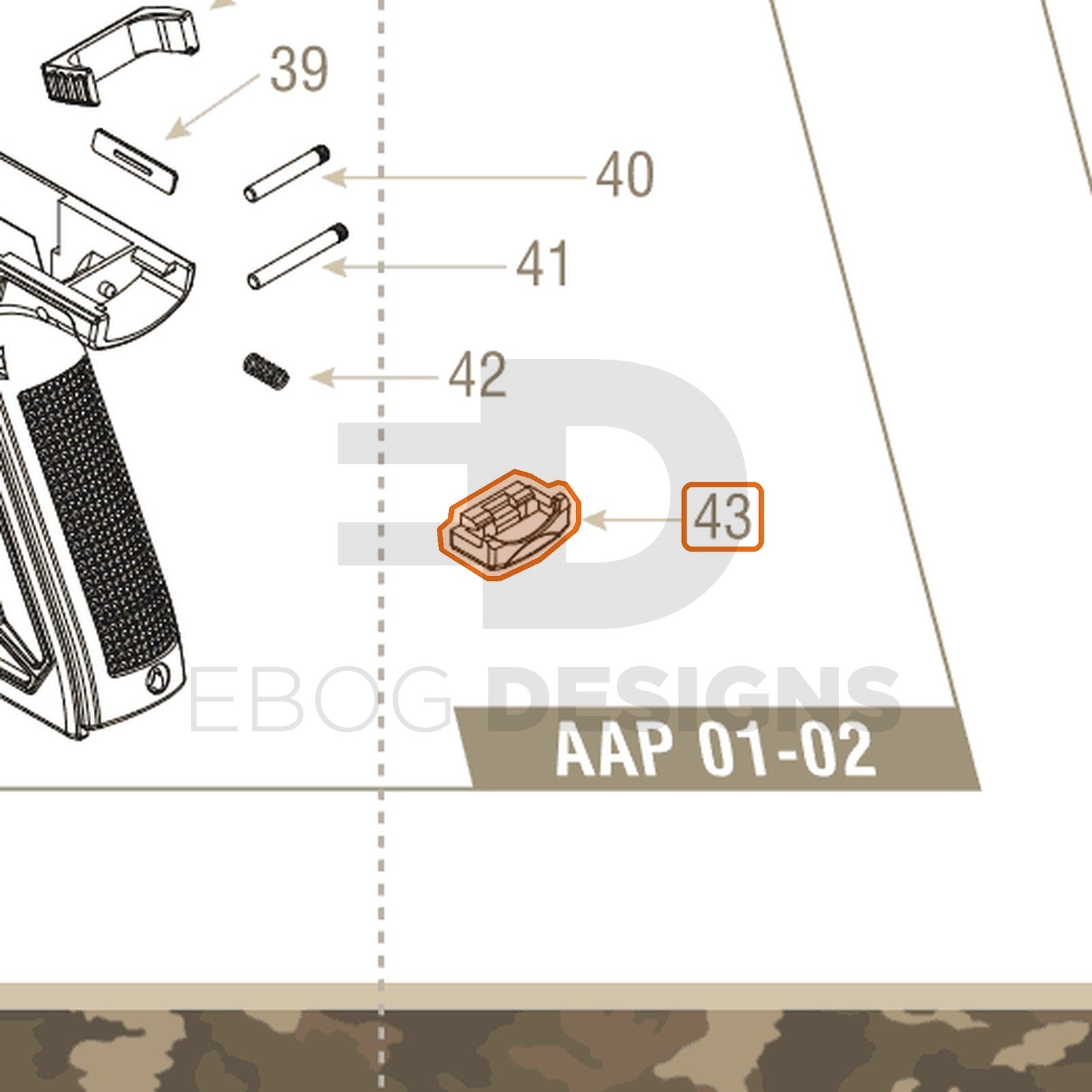 Action Army AAP-01 parts diagram with the upper lock, part 43, outlined