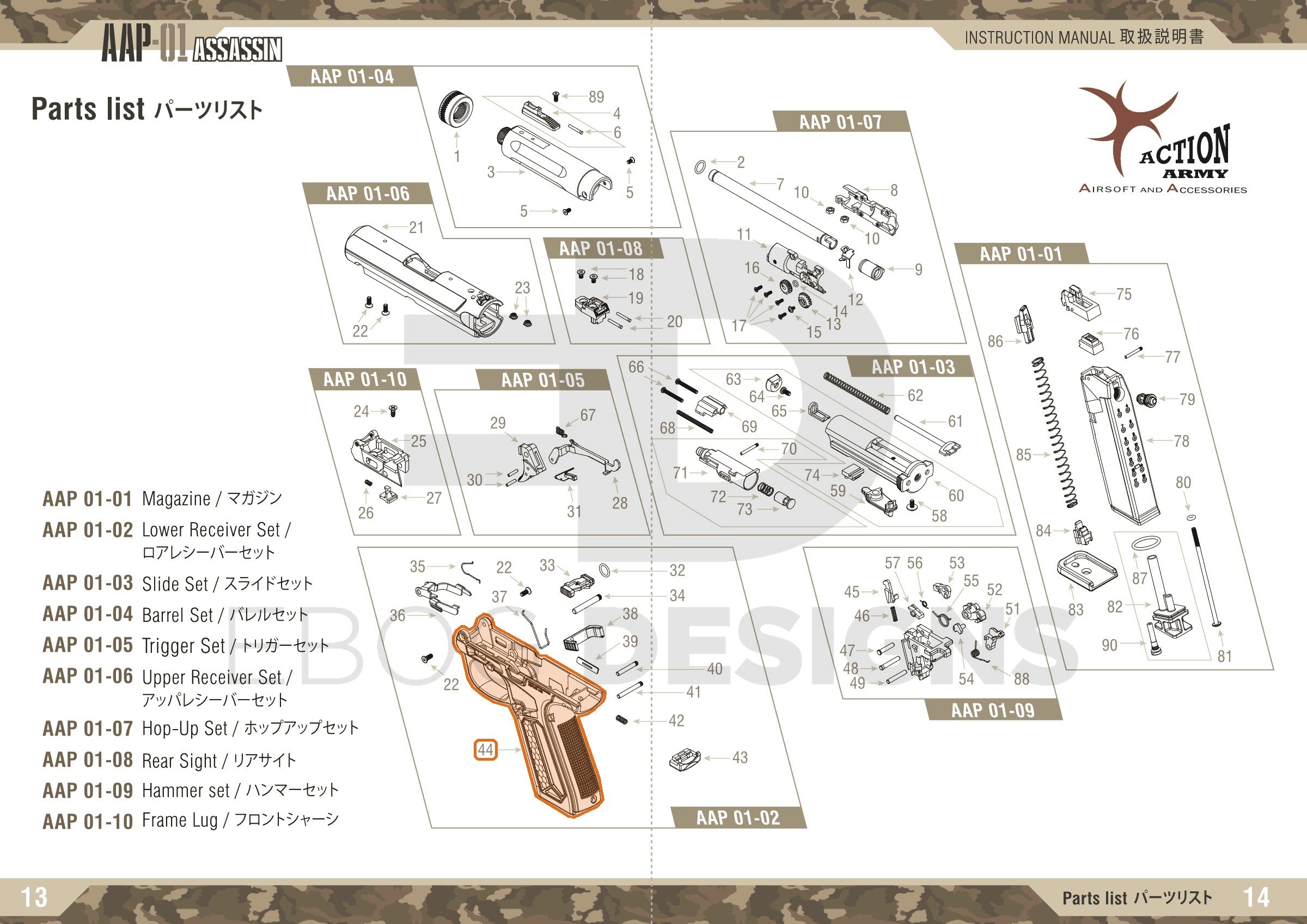 Full Action Army AAP-01 parts diagram showing where the grip (part 44) fits
