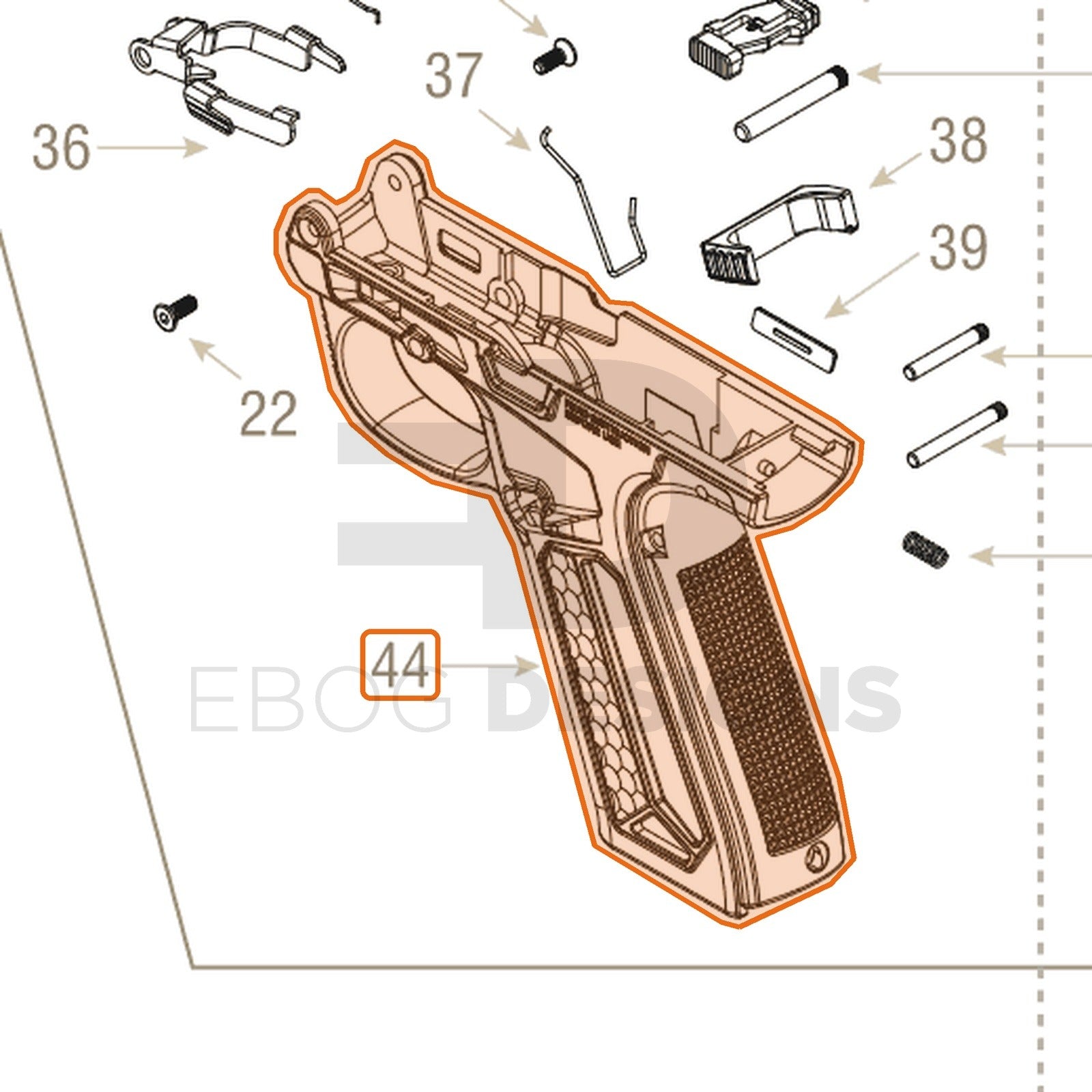 Action Army AAP-01 parts diagram with the grip, part 44, outlined