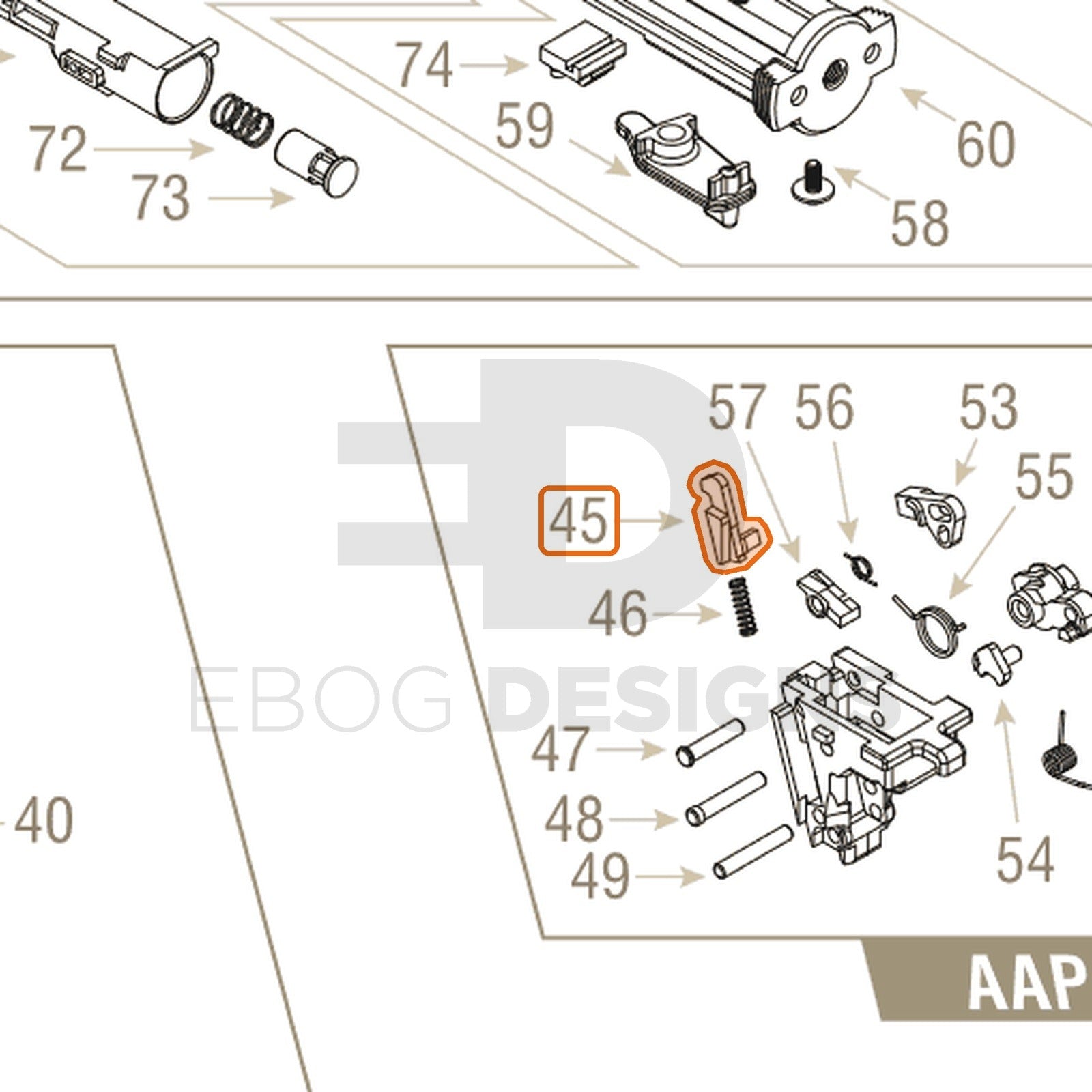 Action Army AAP-01 parts diagram with the firing pin, part 45, outlined