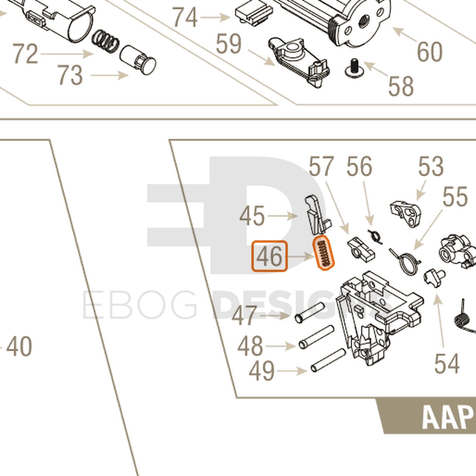 Action Army AAP-01 parts diagram with the firing pin spring, part 46, outlined