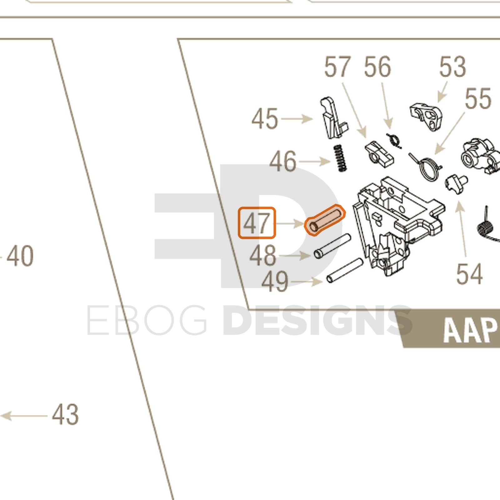Action Army AAP-01 parts diagram with the auto sear pin, part 47, outlined