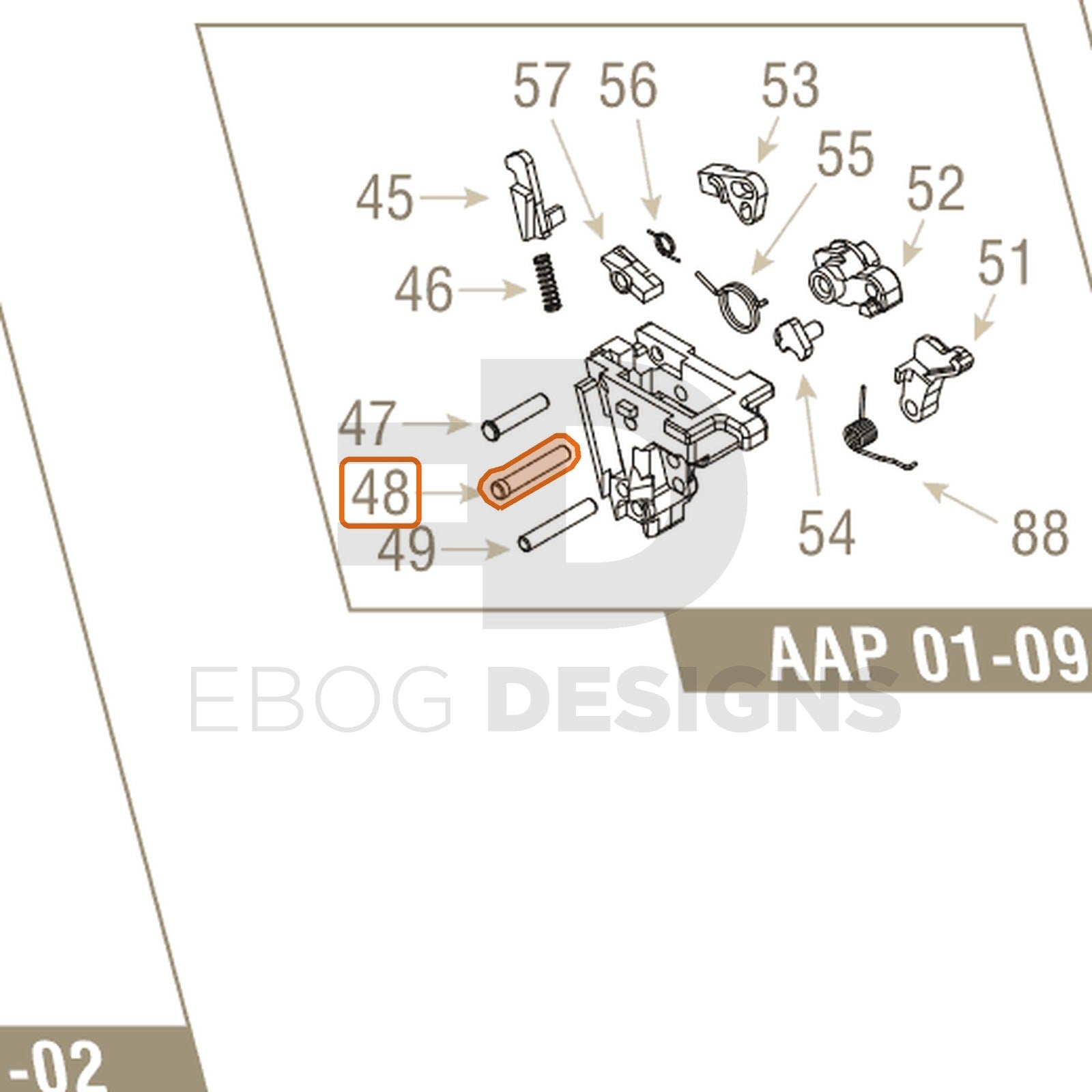 Action Army AAP-01 parts diagram with the hammer pin, part 48, outlined