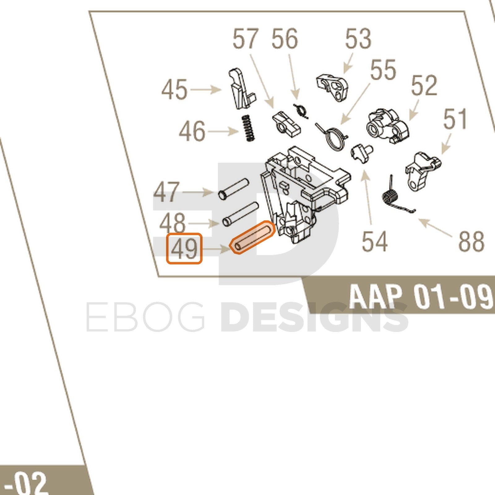 Action Army AAP-01 parts diagram with the hammer sear pin, part 49, outlined
