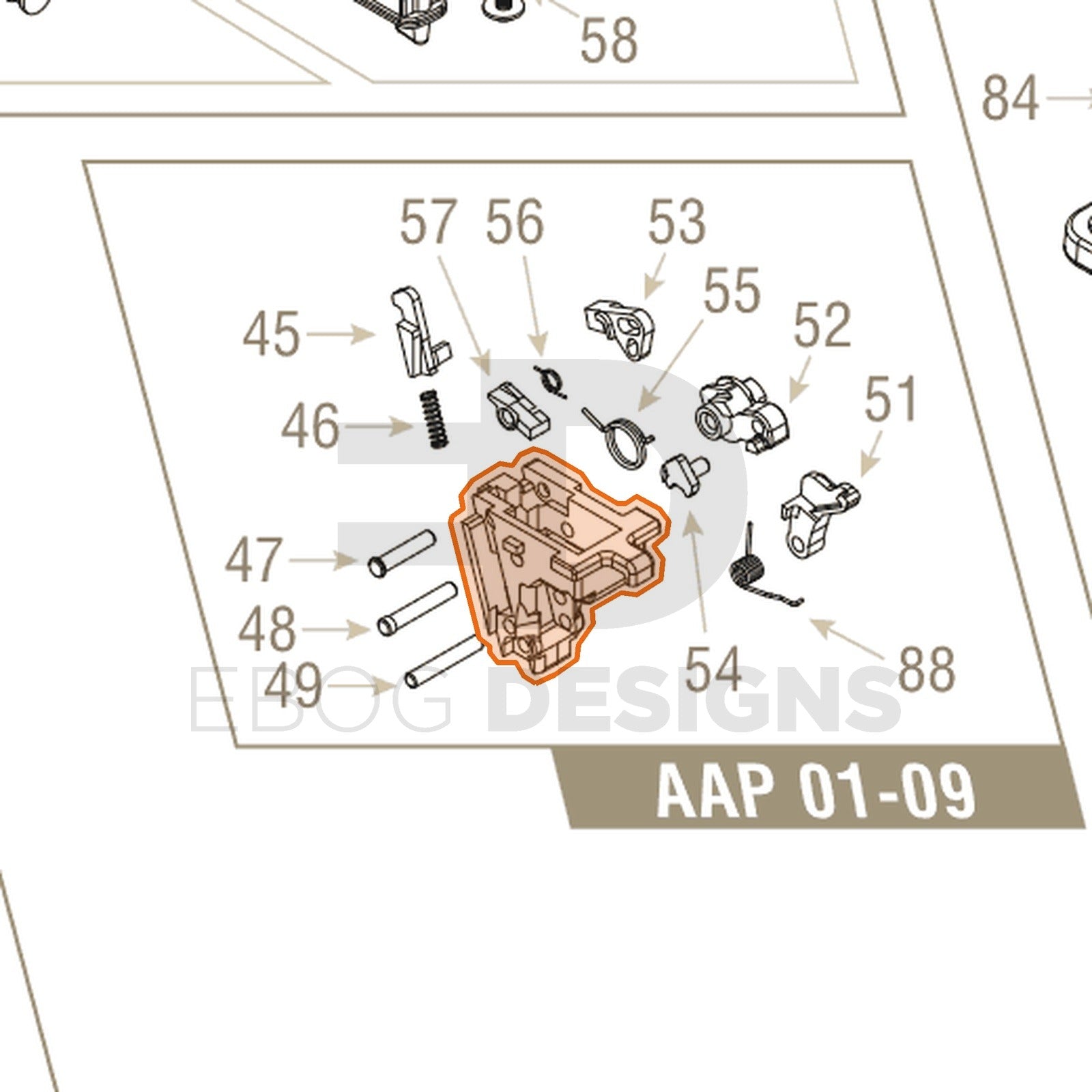 Action Army AAP-01 parts diagram with the hammer housing, part 50, outlined