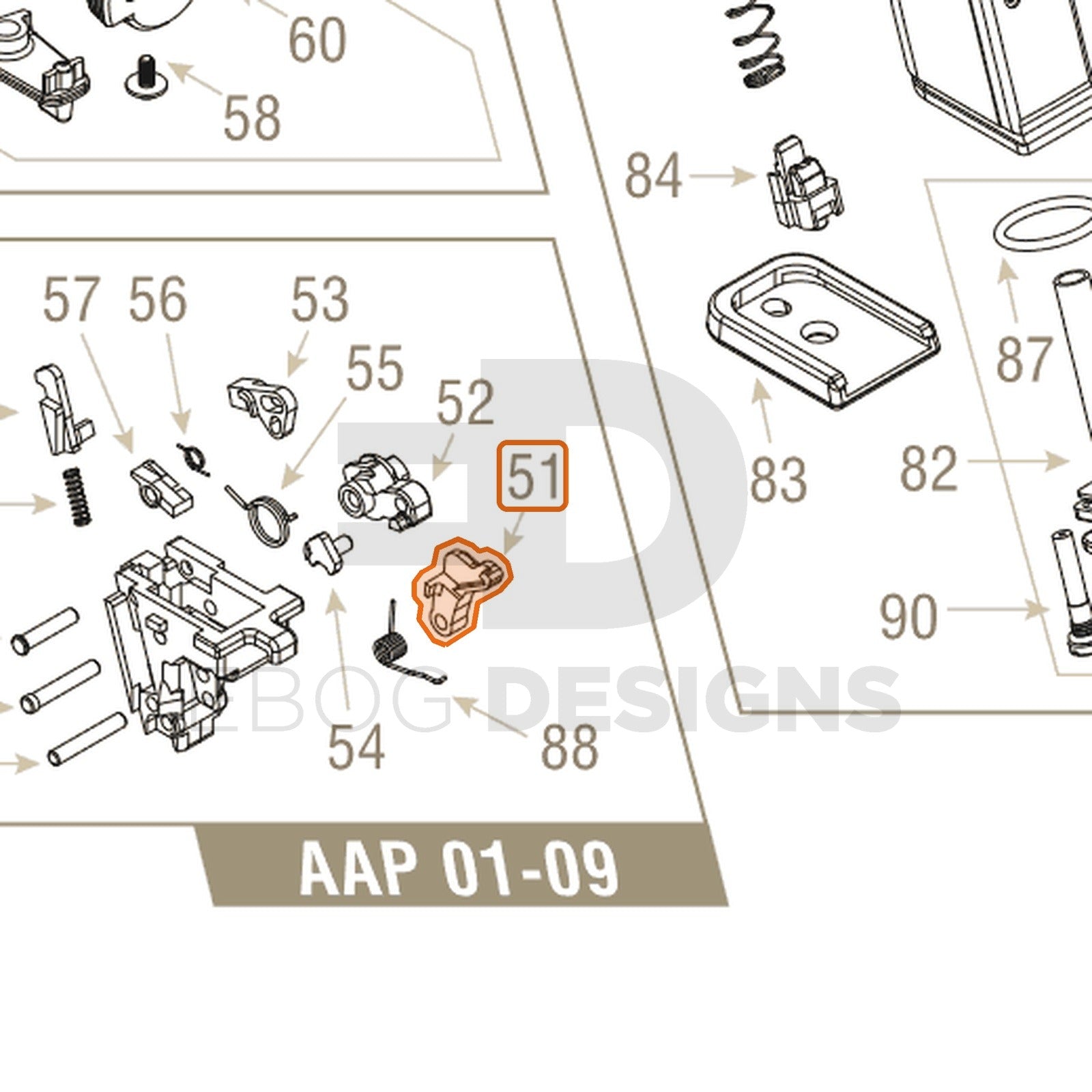 Action Army AAP-01 parts diagram with the hammer sear, part 51, outlined