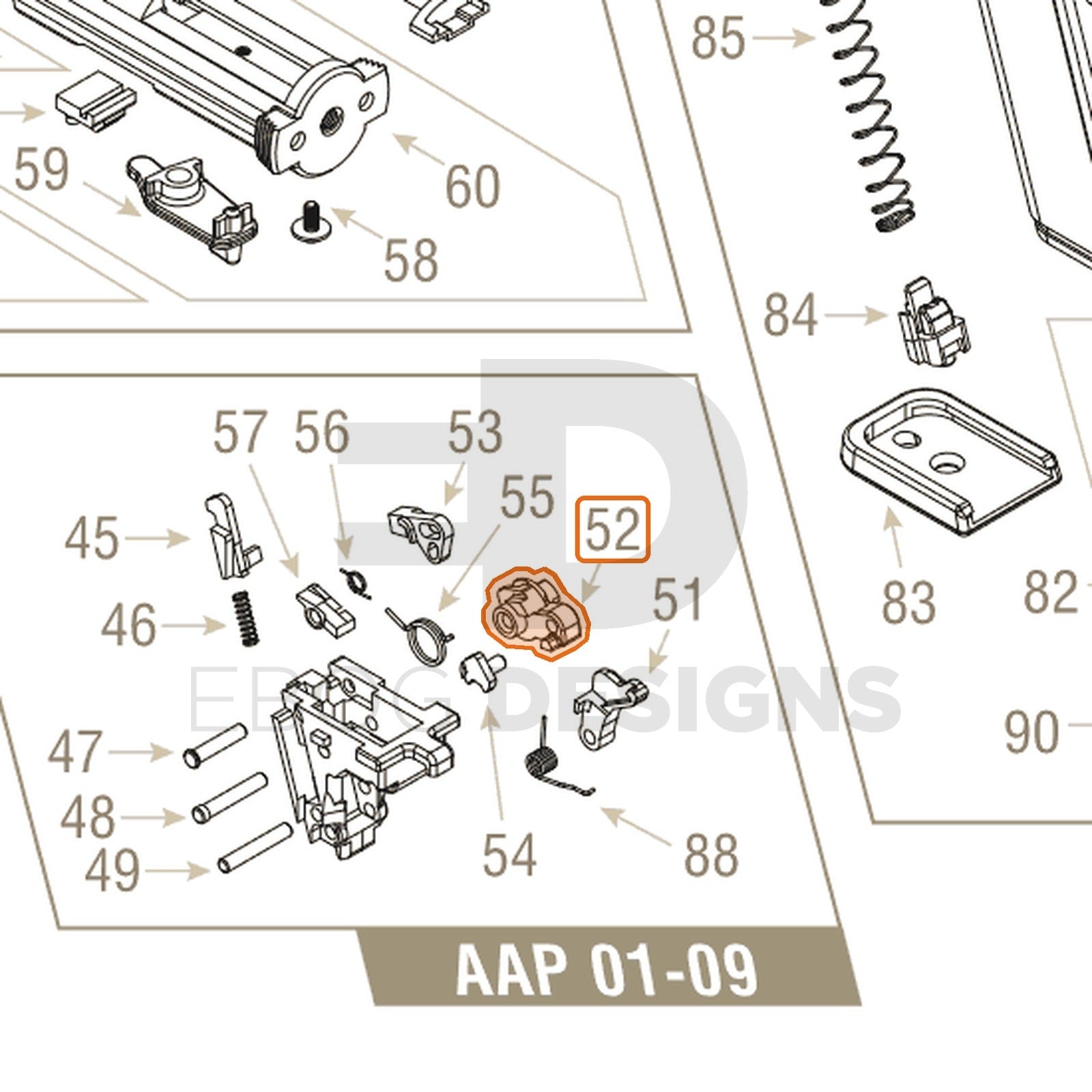 Action Army AAP-01 parts diagram with the hammer, part 52, outlined