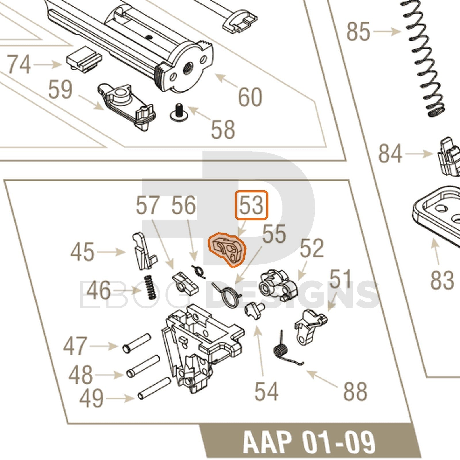 Action Army AAP-01 parts diagram with the valve knocker, part 53, outlined