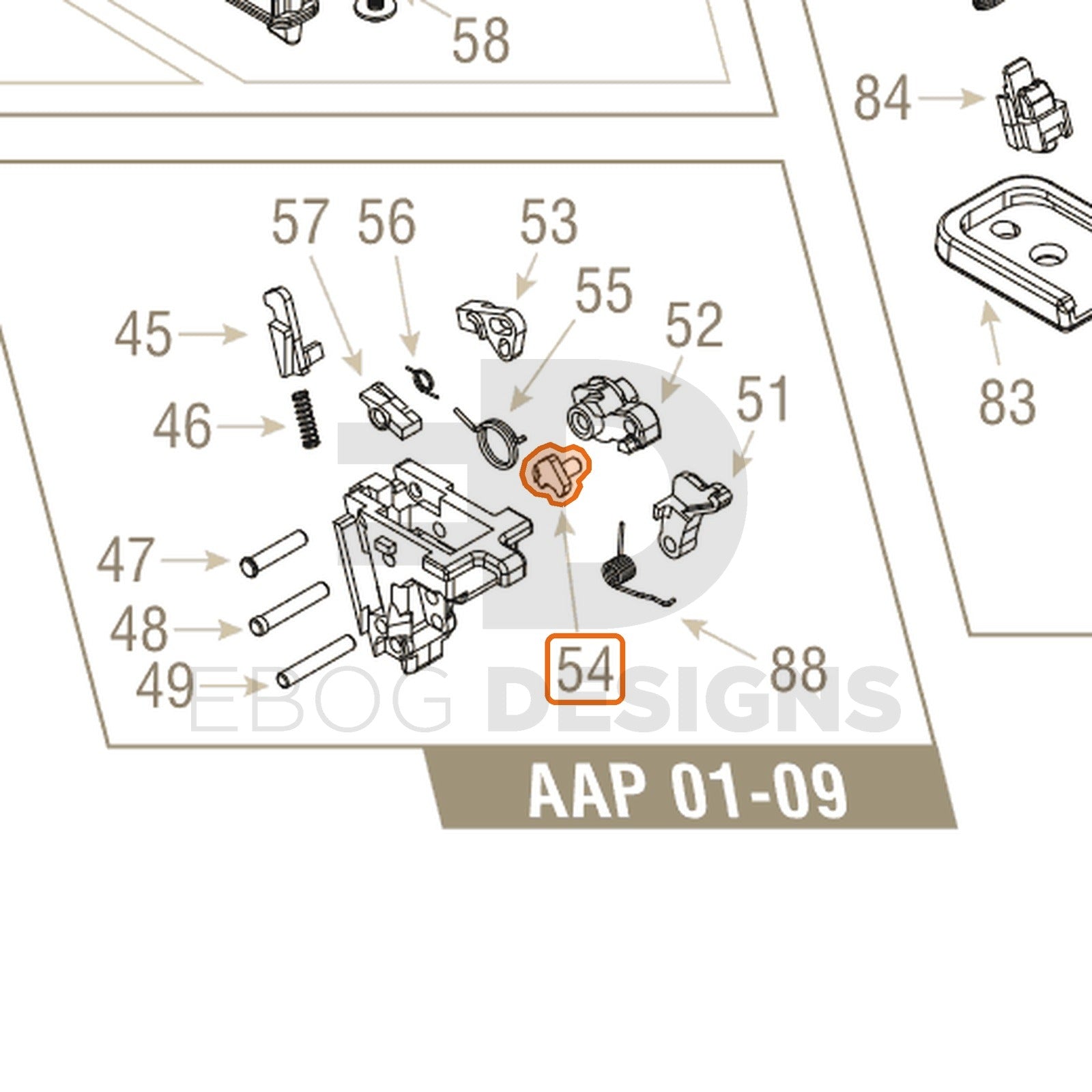 Action Army AAP-01 parts diagram with the hammer rotor, part 54, outlined