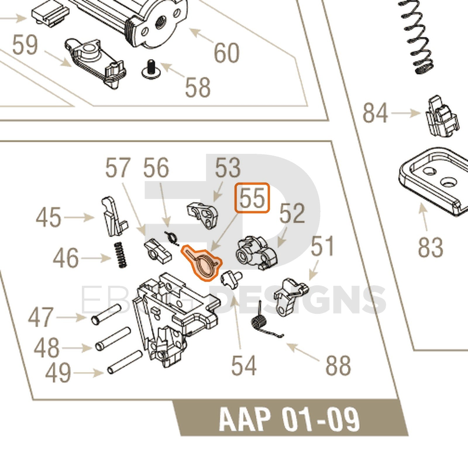 Action Army AAP-01 parts diagram with the hammer spring, part 55, outlined