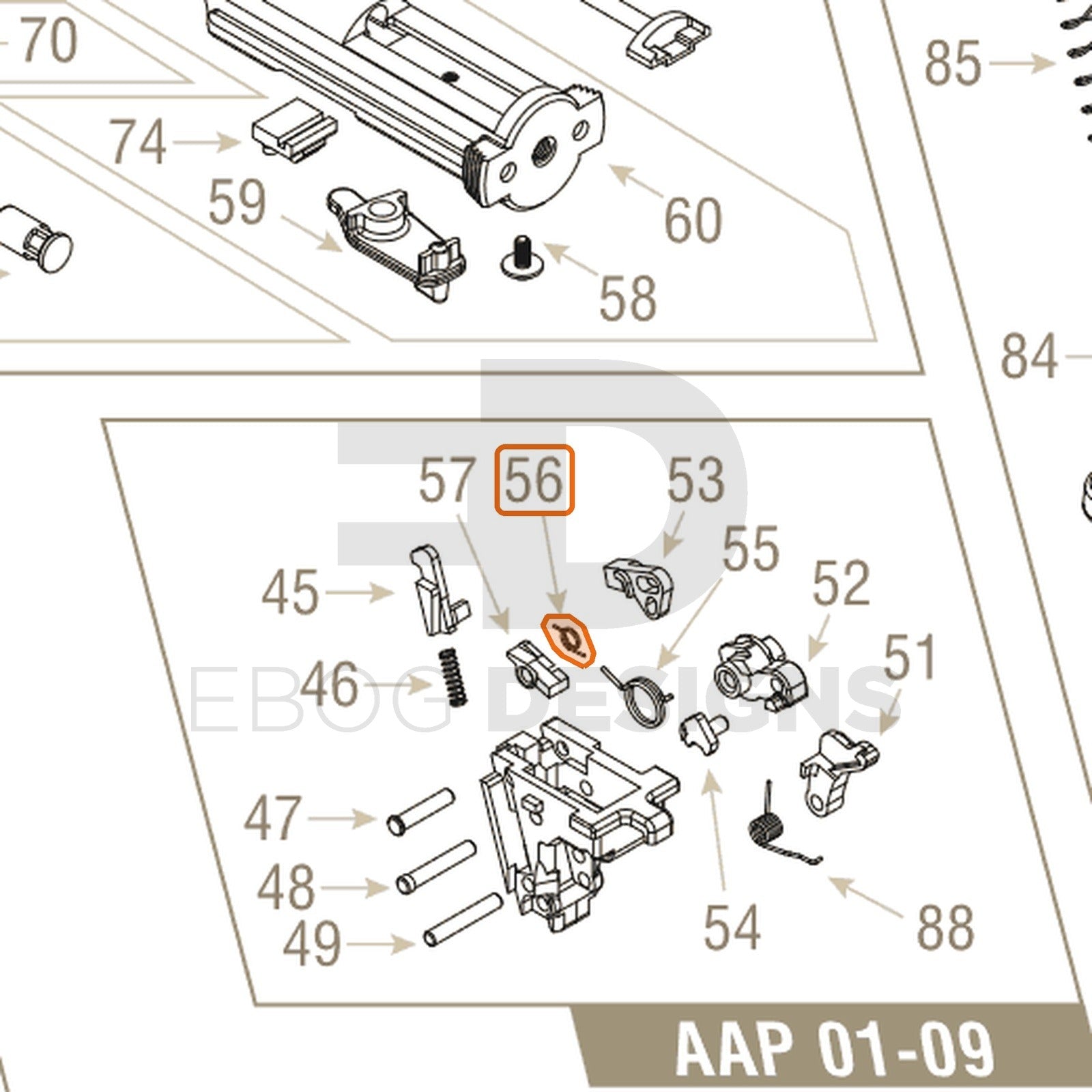 Action Army AAP-01 parts diagram with the auto sear spring, part 56, outlined
