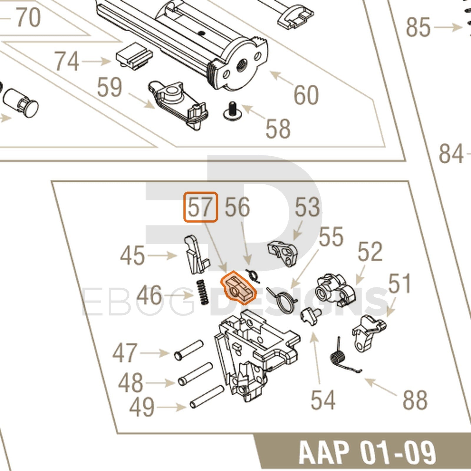 Action Army AAP-01 parts diagram with the auto sear, part 57, outlined