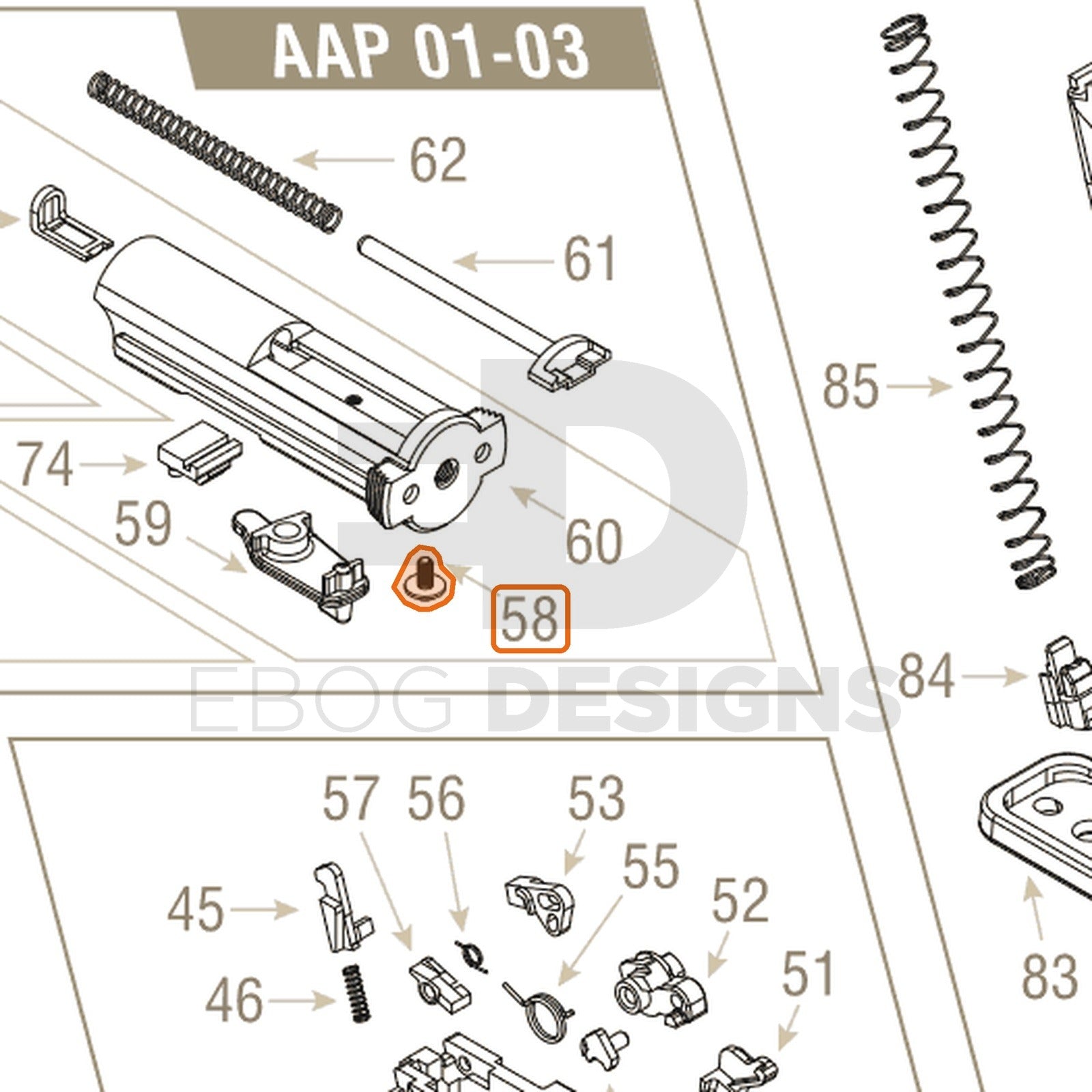 Action Army AAP-01 parts diagram with the selector switch screw, part 58, outlined