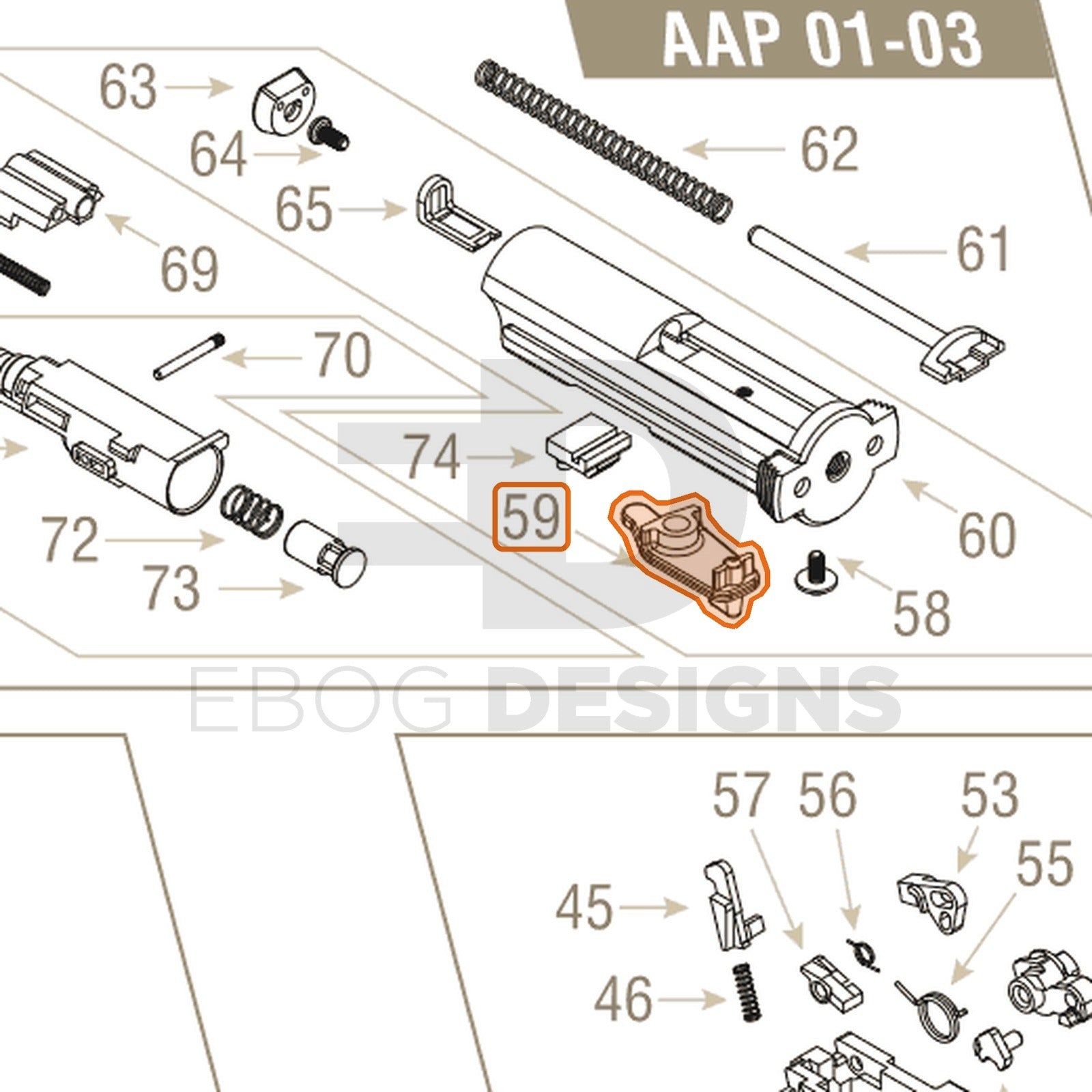 Action Army AAP-01 parts diagram with the selector switch, part 59, outlined