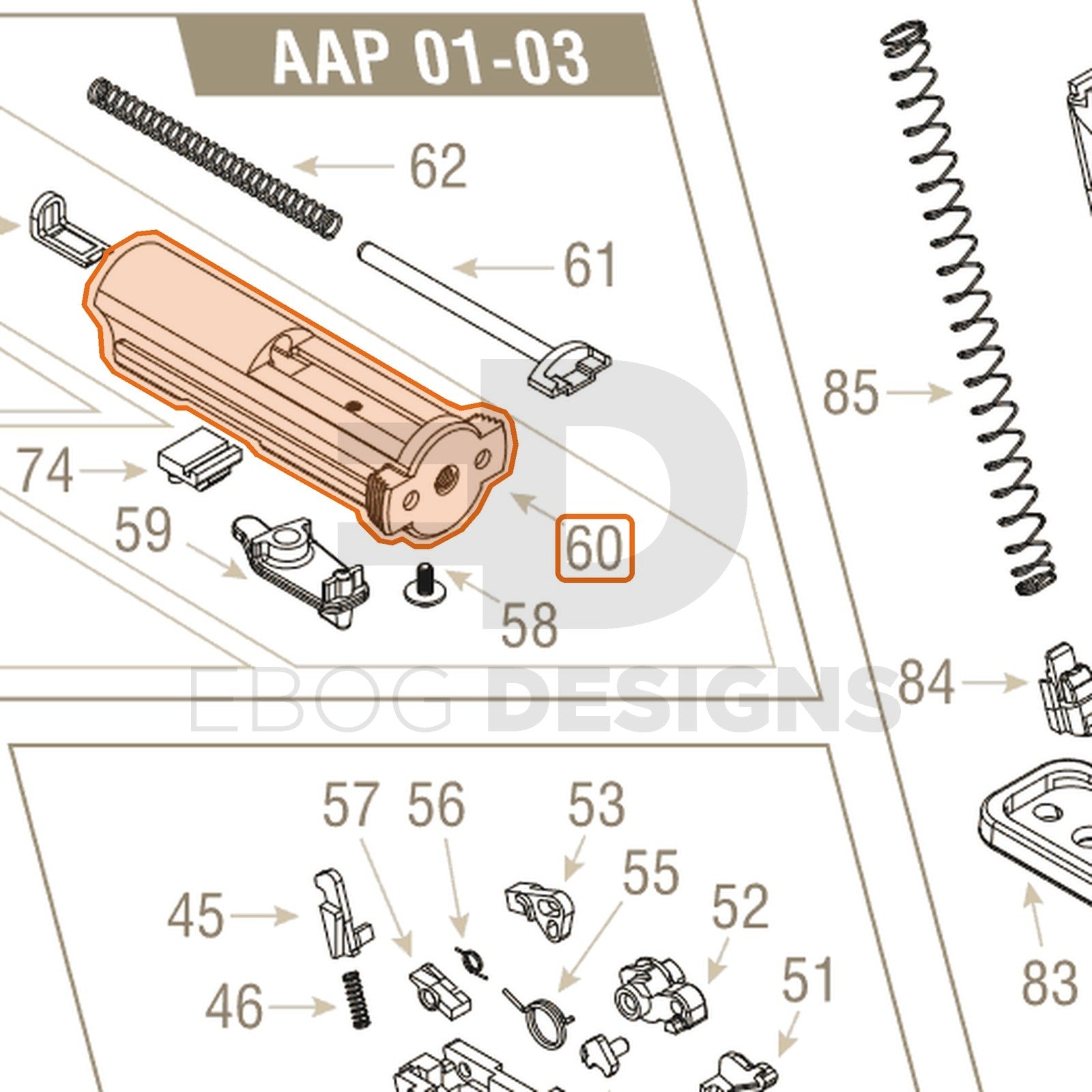 Action Army AAP-01 parts diagram with the blowback housing, part 60, outlined