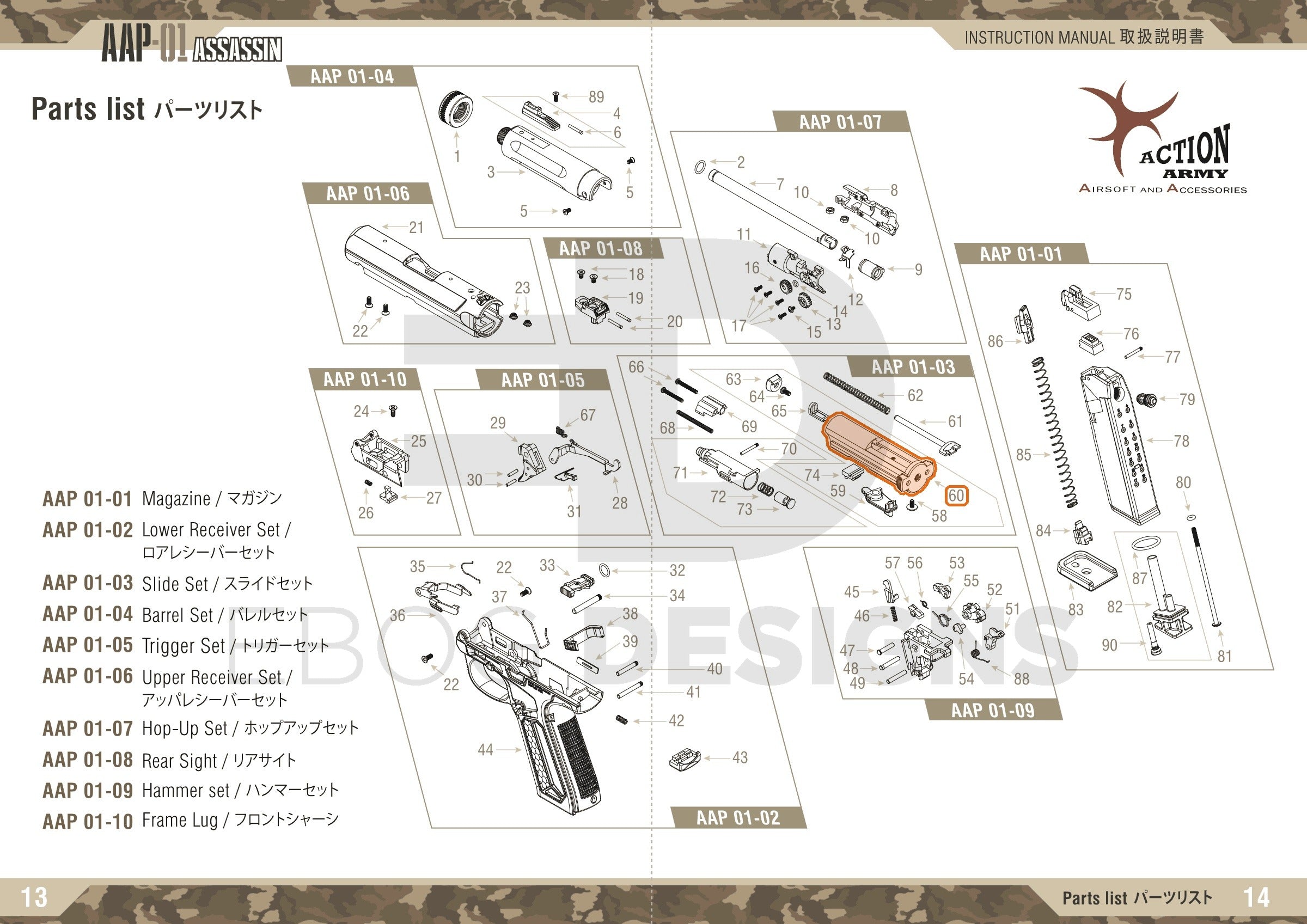 Full Action Army AAP-01 parts diagram showing where the blowback housing (part 60) fits