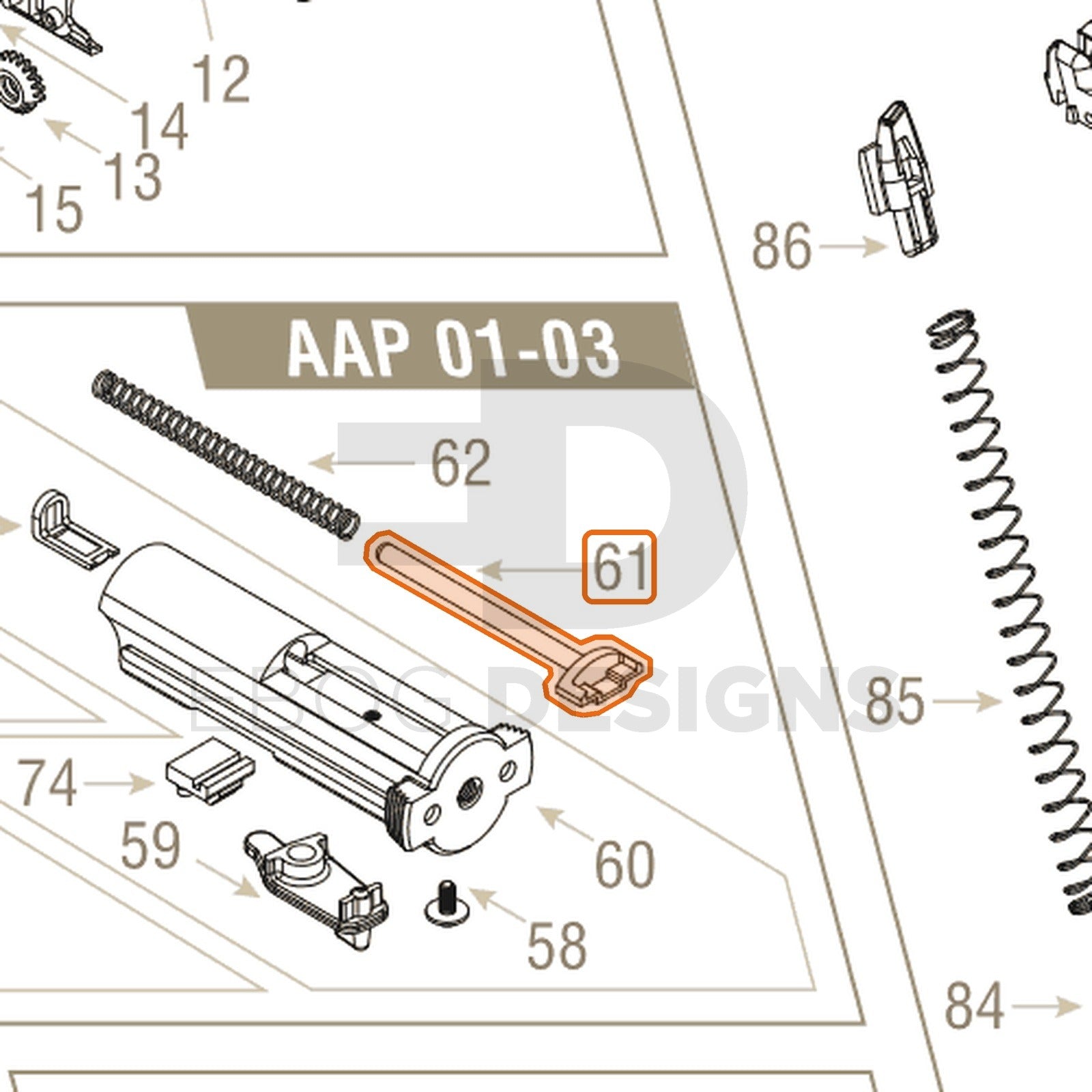 Action Army AAP-01 parts diagram with the guide rod, part 61, outlined