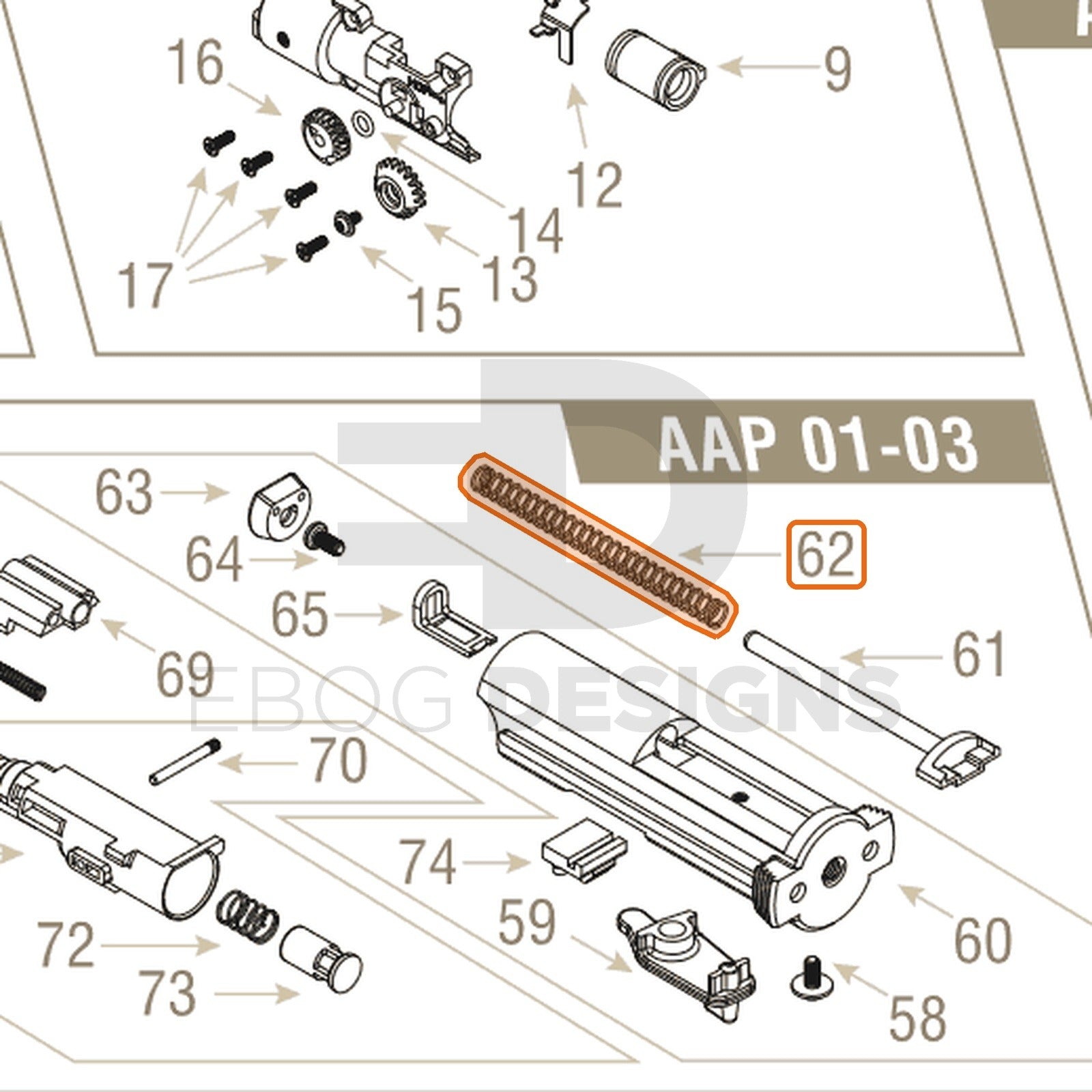 Action Army AAP-01 parts diagram with the recoil spring, part 62, outlined