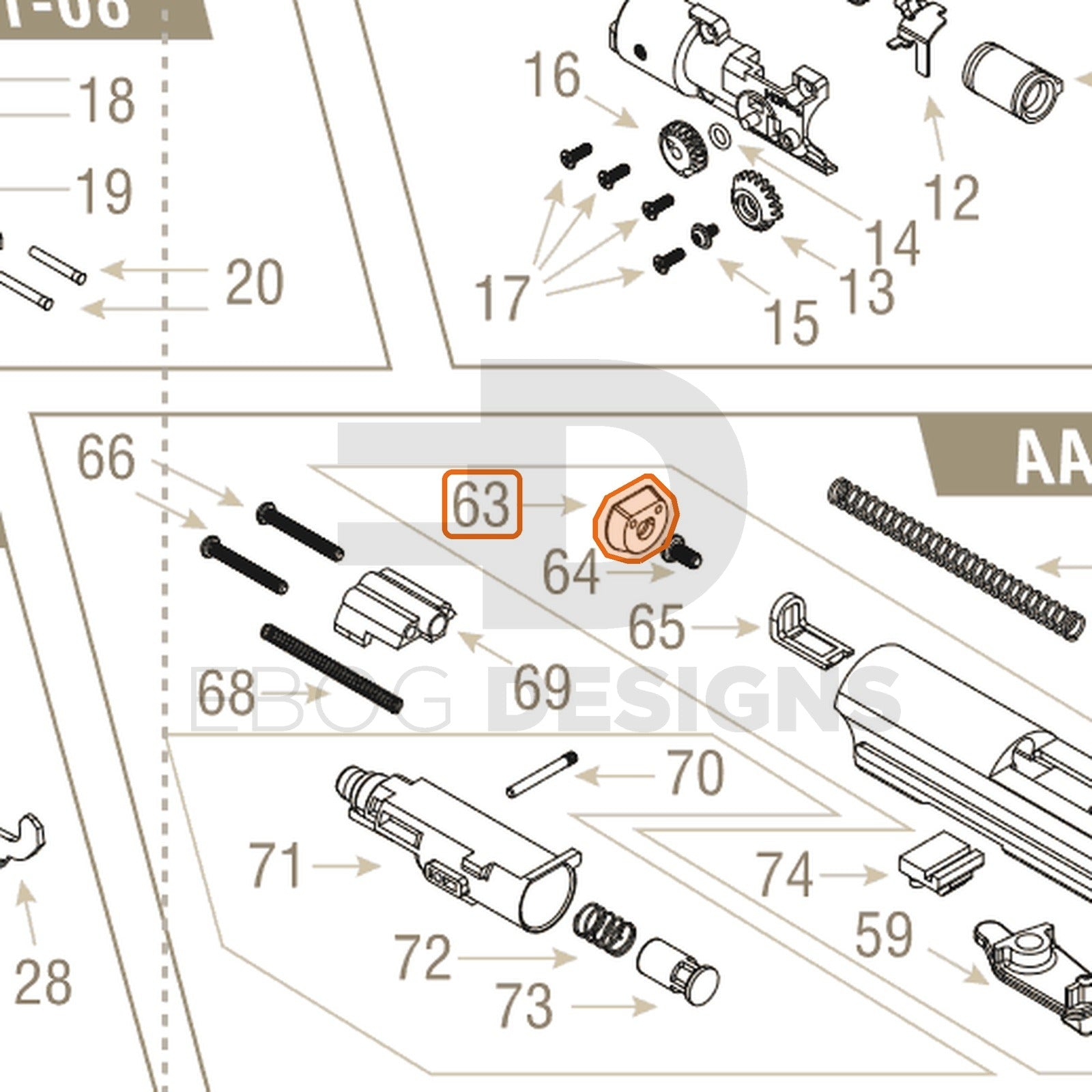 Action Army AAP-01 parts diagram with the piston head, part 63, outlined