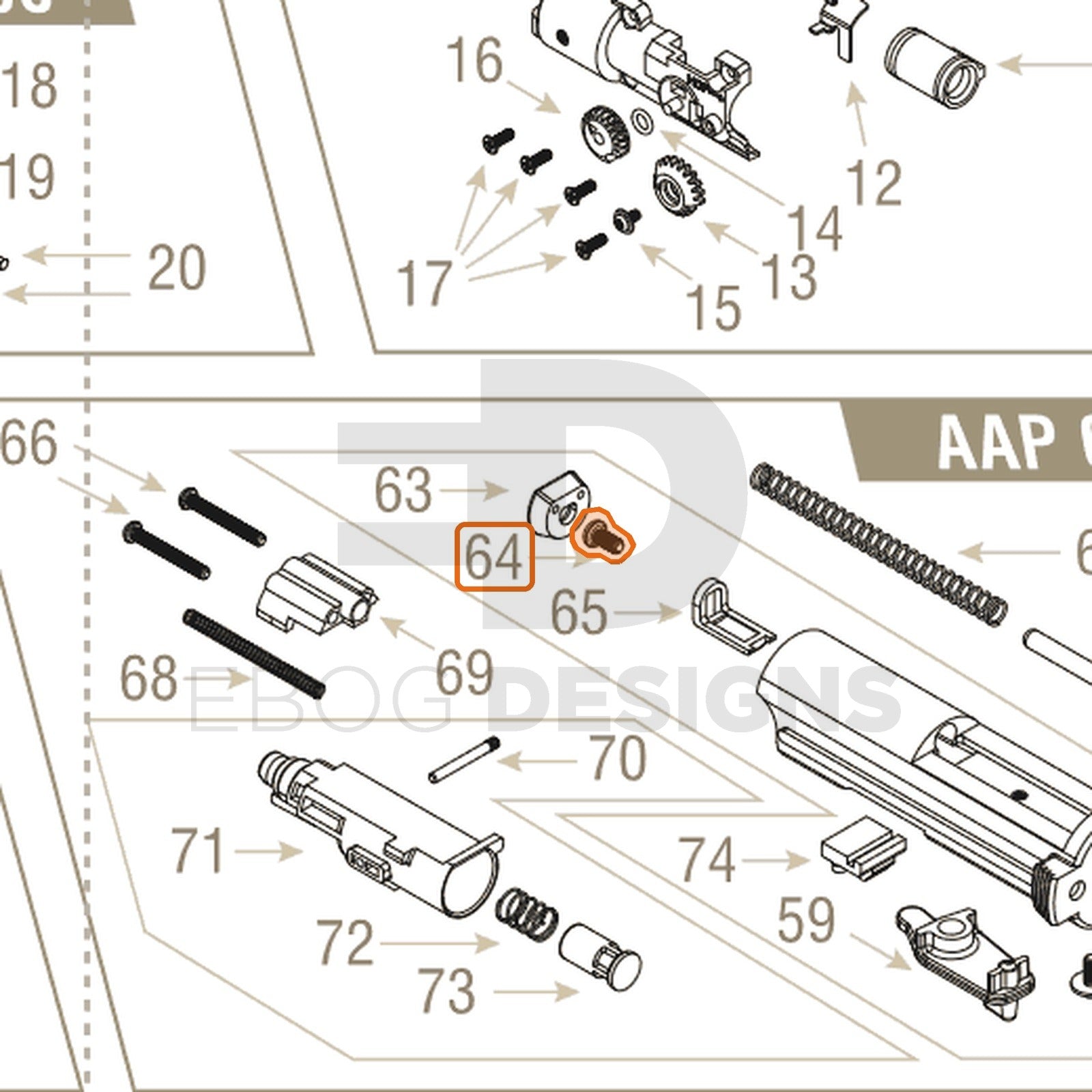 Action Army AAP-01 parts diagram with the piston head bolt, part 64, outlined