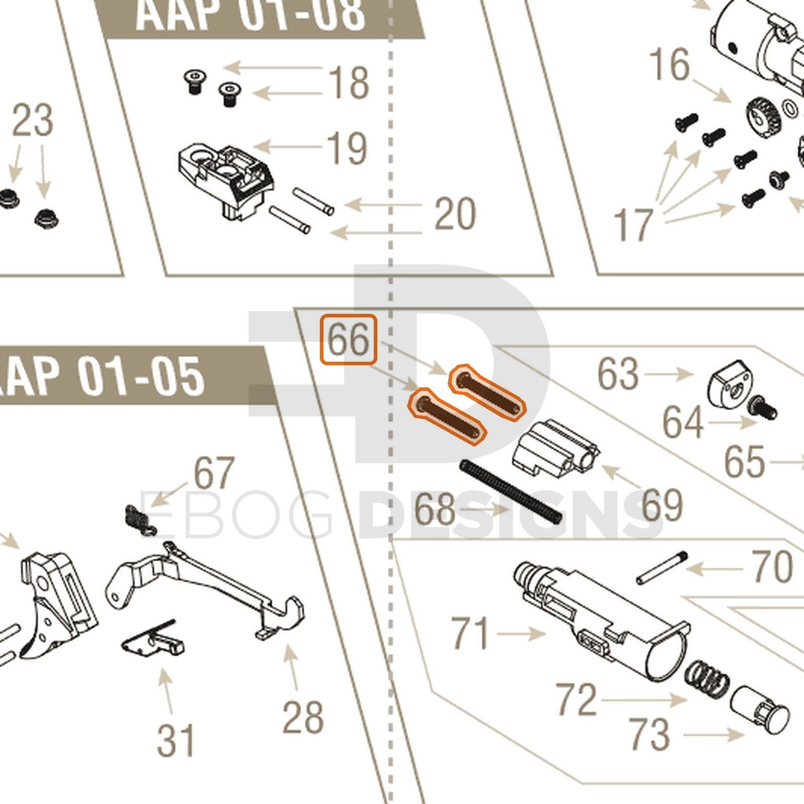 Action Army AAP-01 parts diagram with the nozzle block screw (pair), part 66, outlined