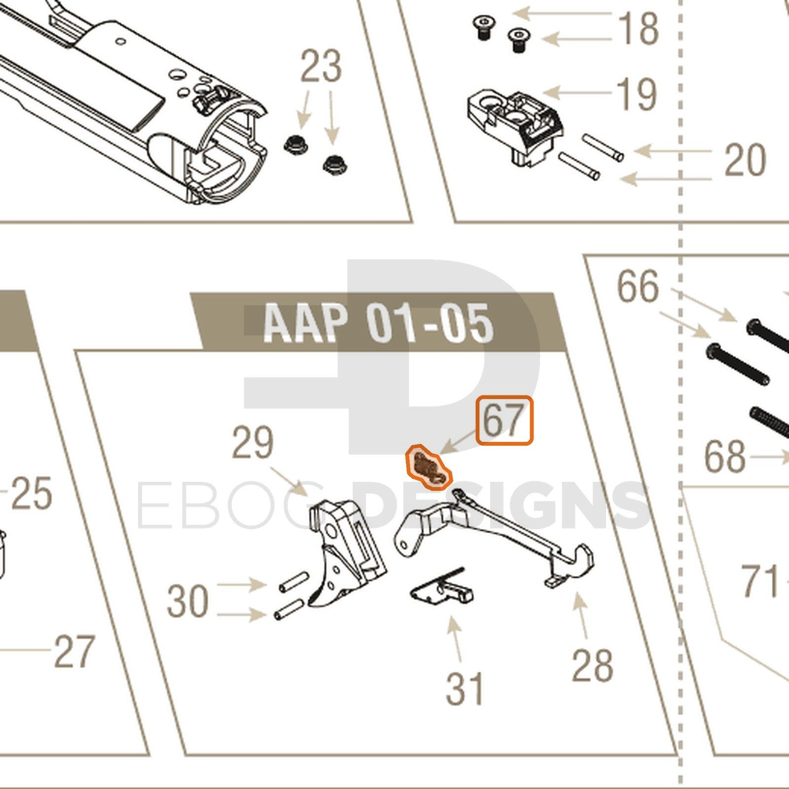 Action Army AAP-01 parts diagram with the trigger arm spring, part 67, outlined