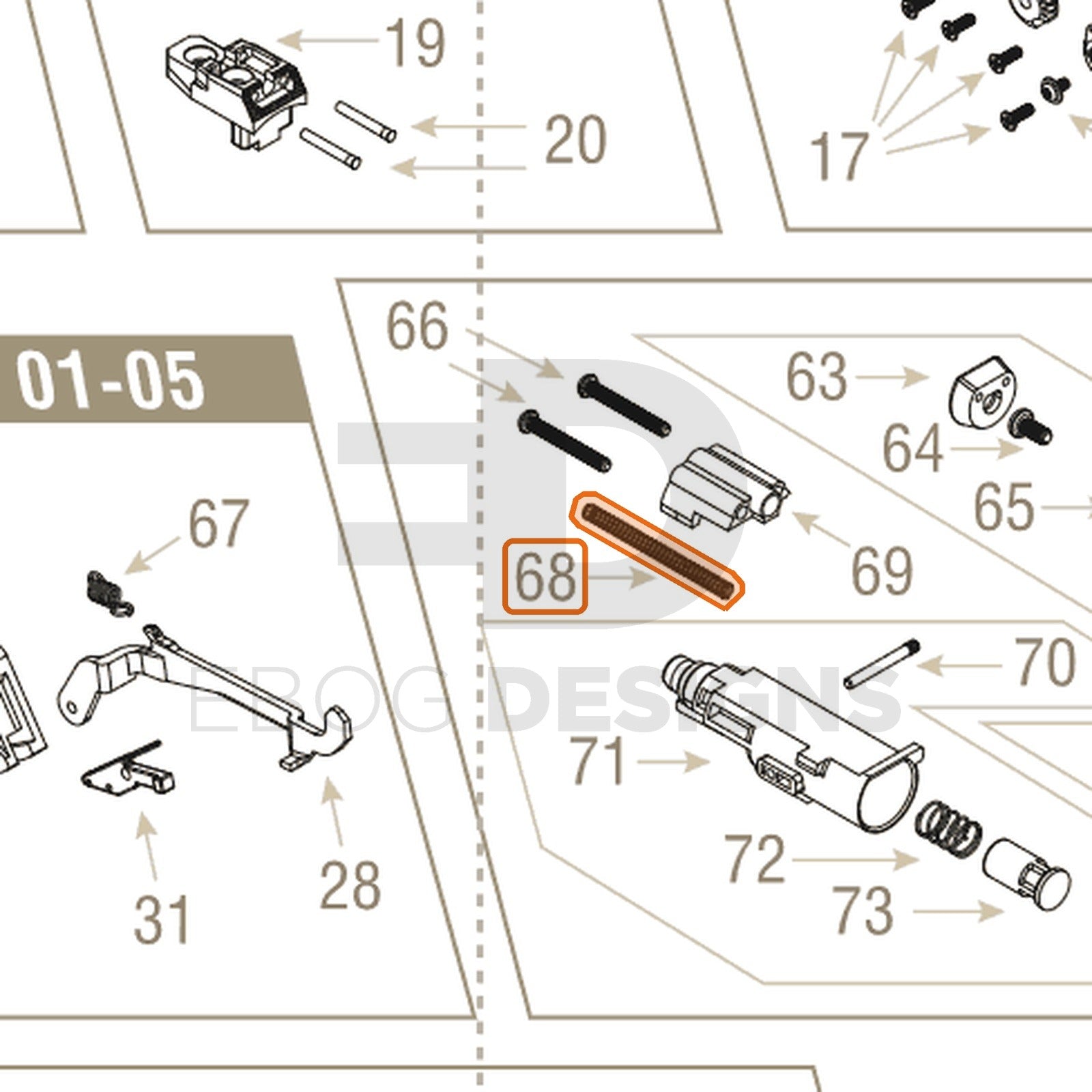 Action Army AAP-01 parts diagram with the nozzle spring, part 68, outlined