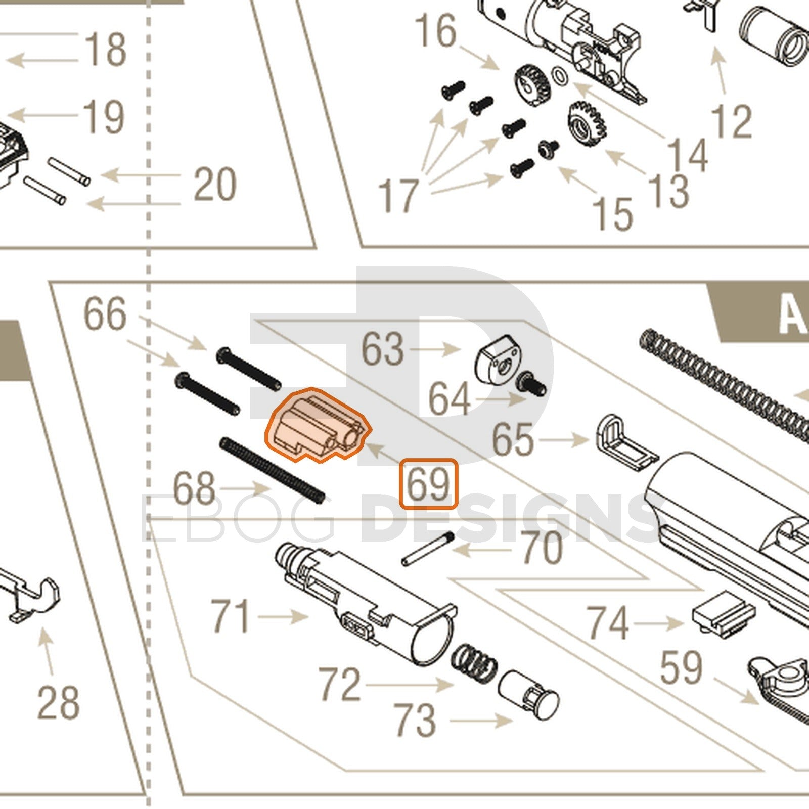 Action Army AAP-01 parts diagram with the nozzle block, part 69, outlined