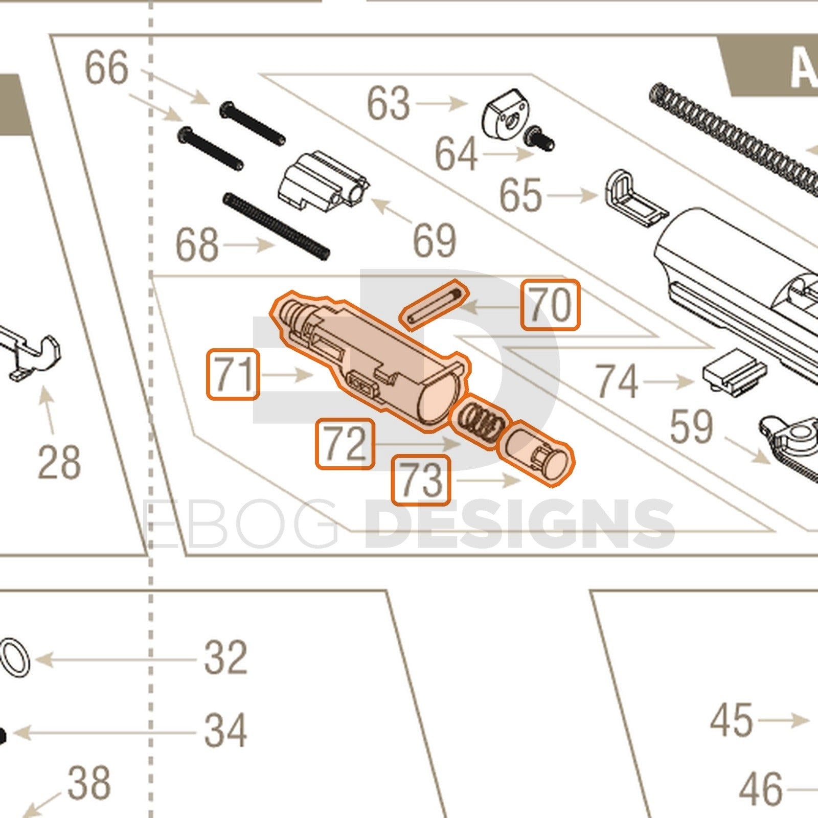 Action Army AAP-01 parts diagram with the nozzle assembly, parts 70 to 73, outlined