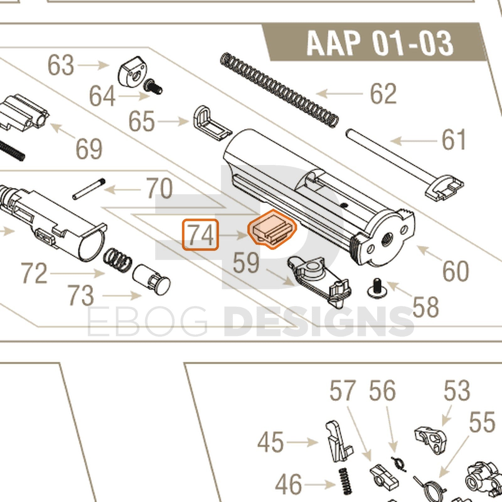 Action Army AAP-01 parts diagram with the selector plate, part 74, outlined