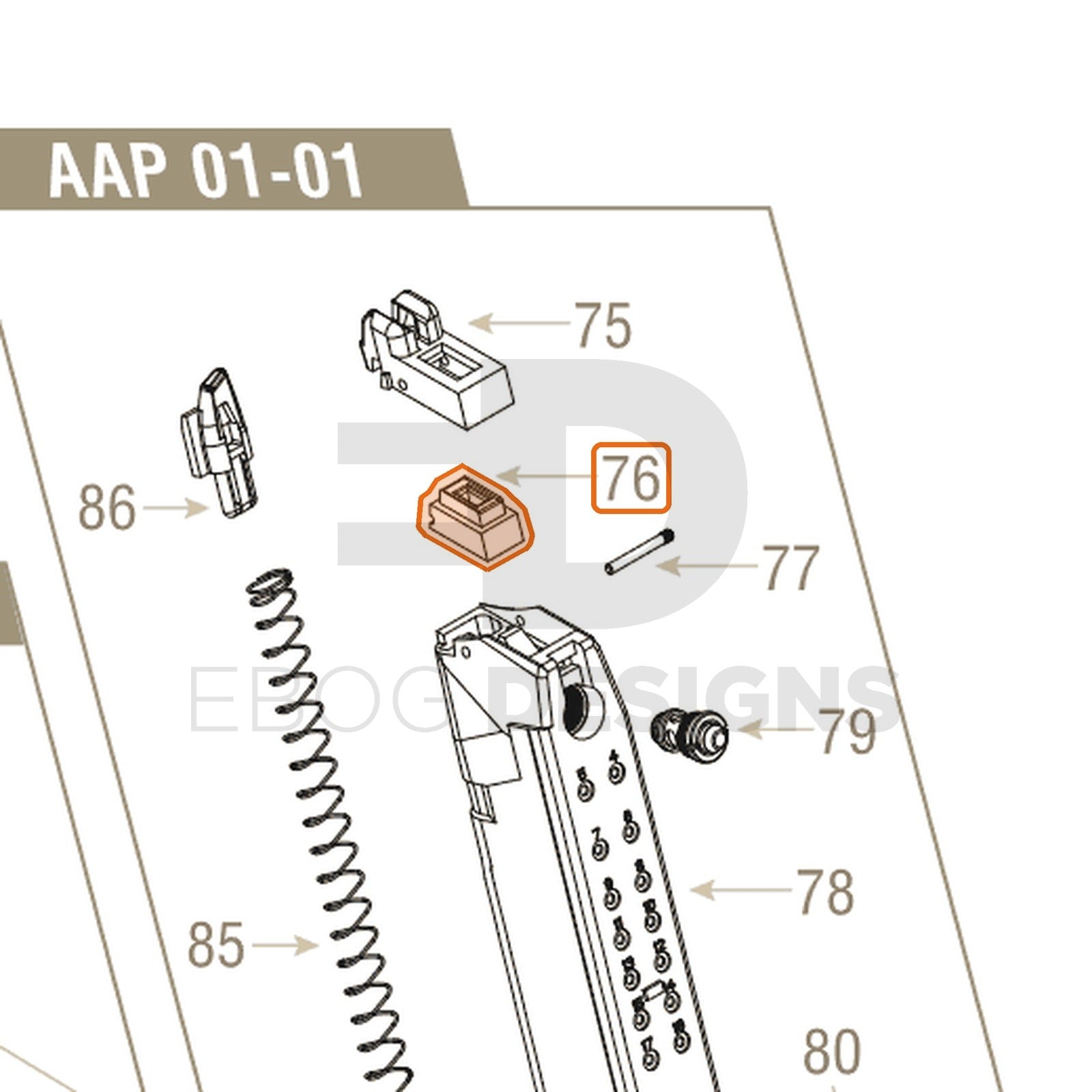 Action Army AAP-01 parts diagram with the magazine gas router, part 76, outlined