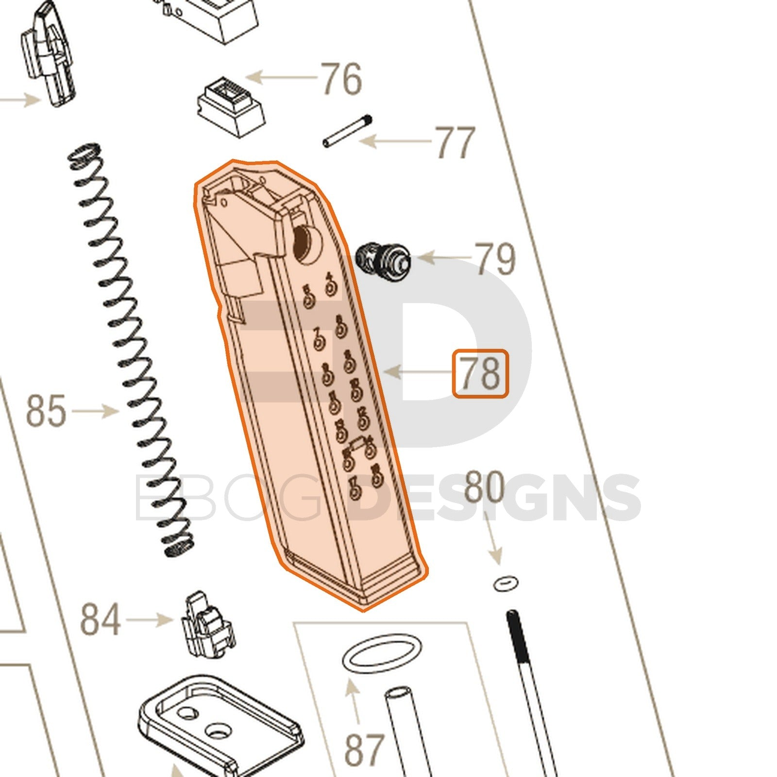 Action Army AAP-01 parts diagram with the magazine shell, part 78, outlined