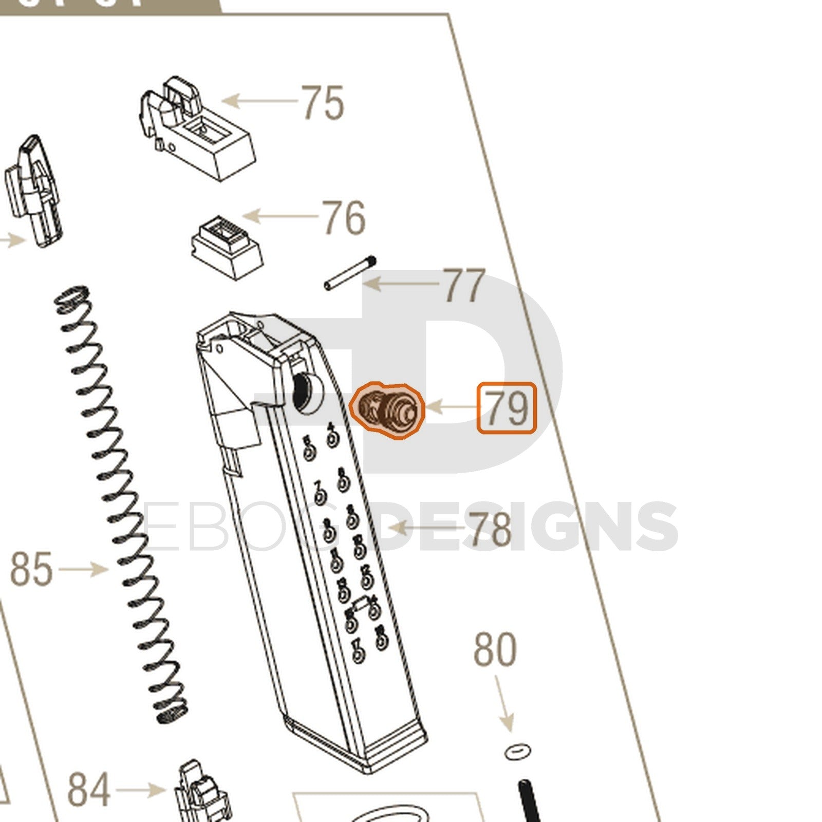 Action Army AAP-01 parts diagram with the exhaust valve, part 79, outlined