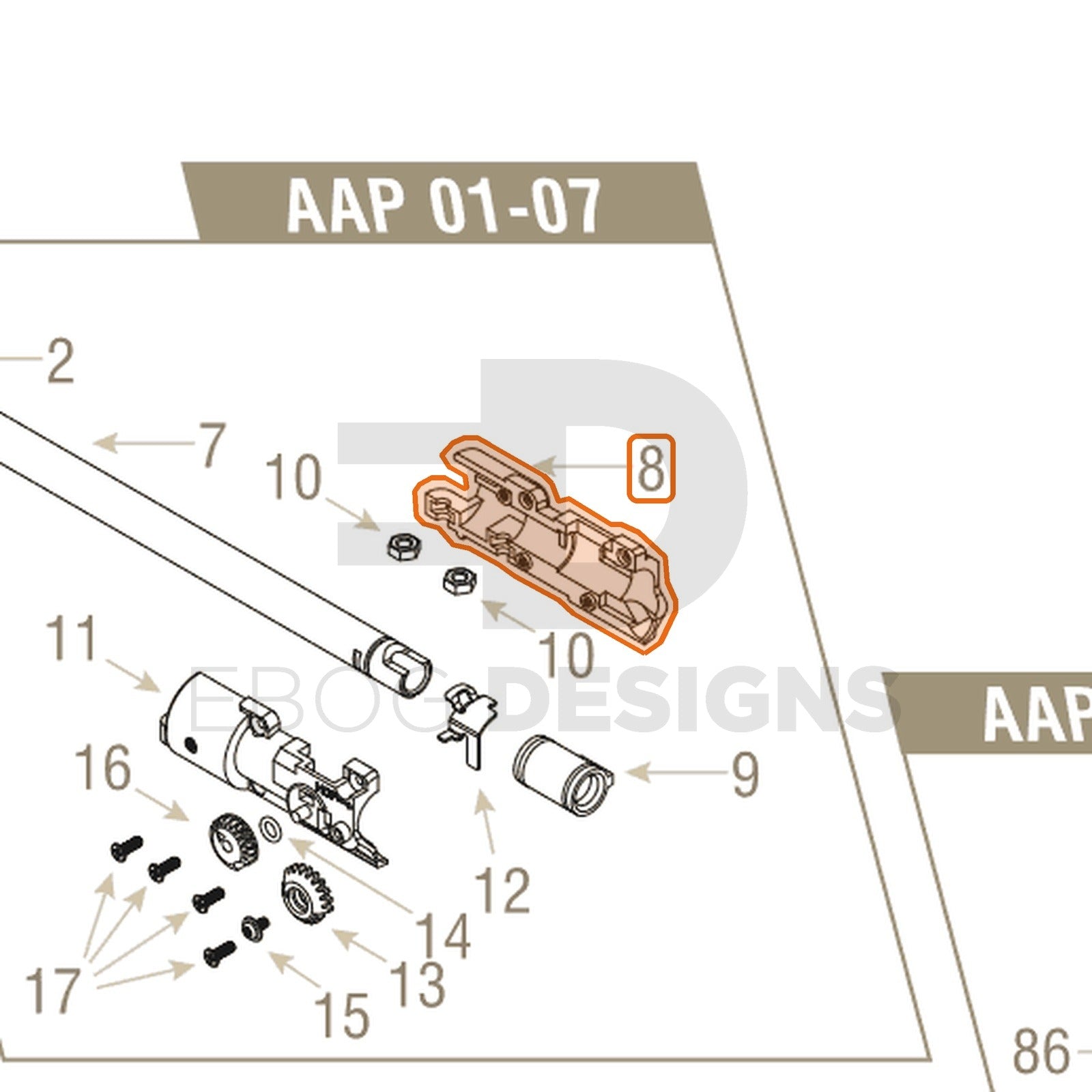 Action Army AAP-01 parts diagram with the hop chamber left side, part 8, outlined