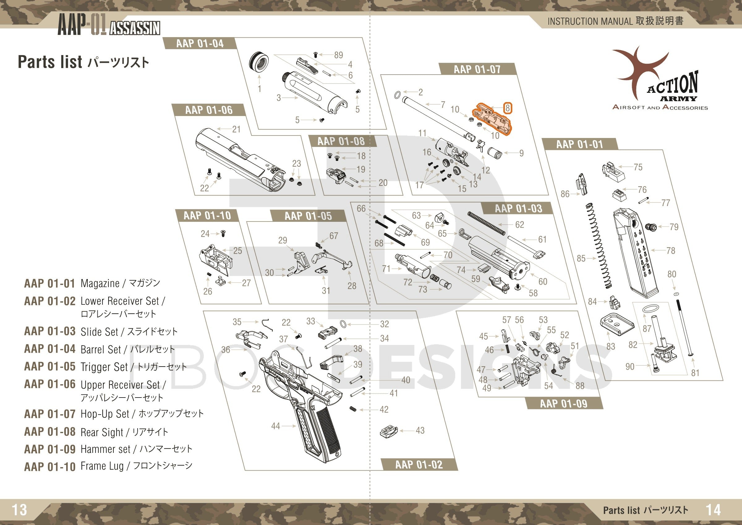 Full Action Army AAP-01 parts diagram showing where the hop chamber left side (part 8) fits