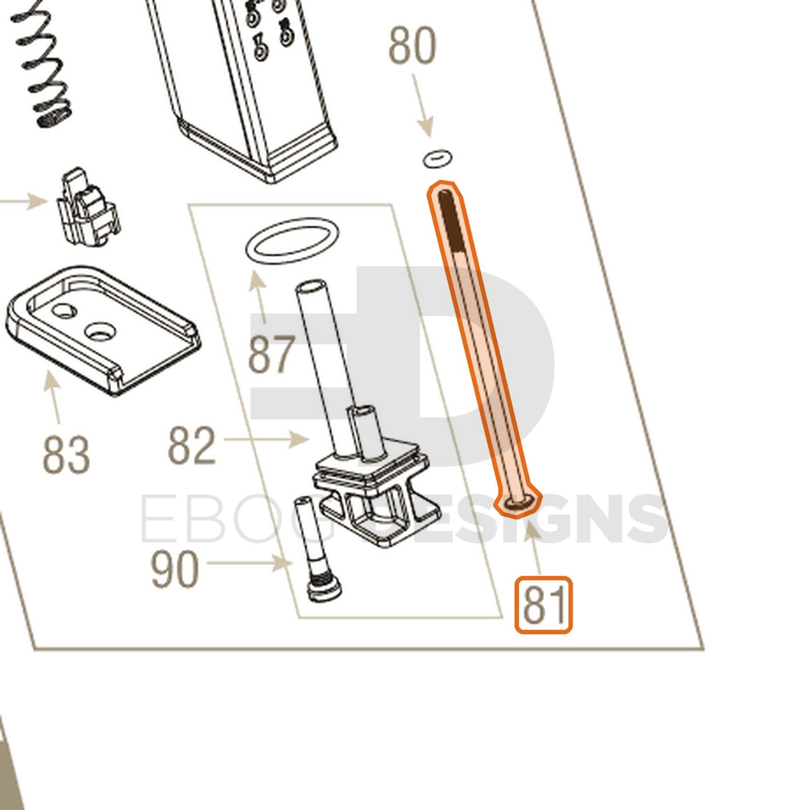 Action Army AAP-01 parts diagram with the magazine screw, part 81, outlined