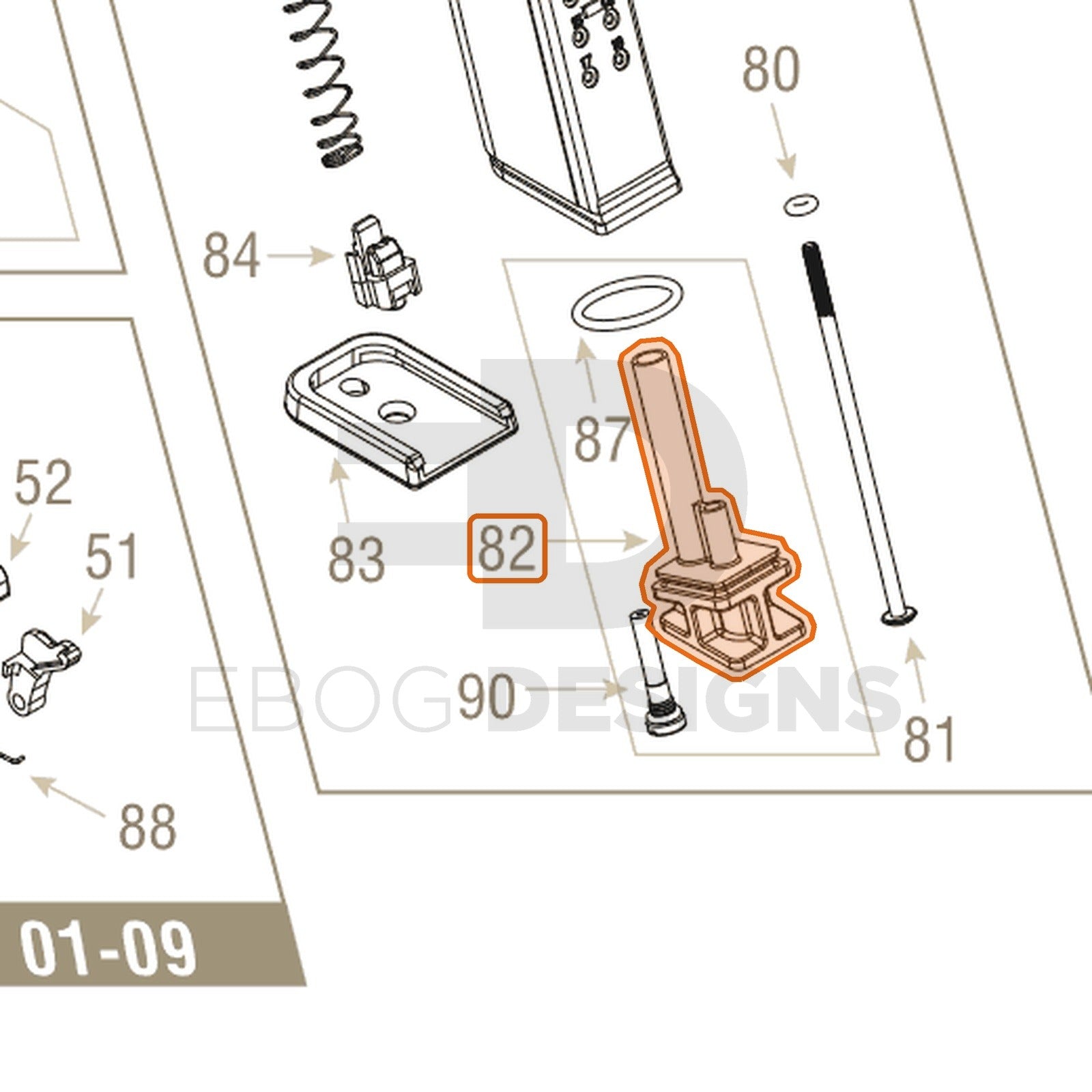 Action Army AAP-01 parts diagram with the magazine base, part 82, outlined