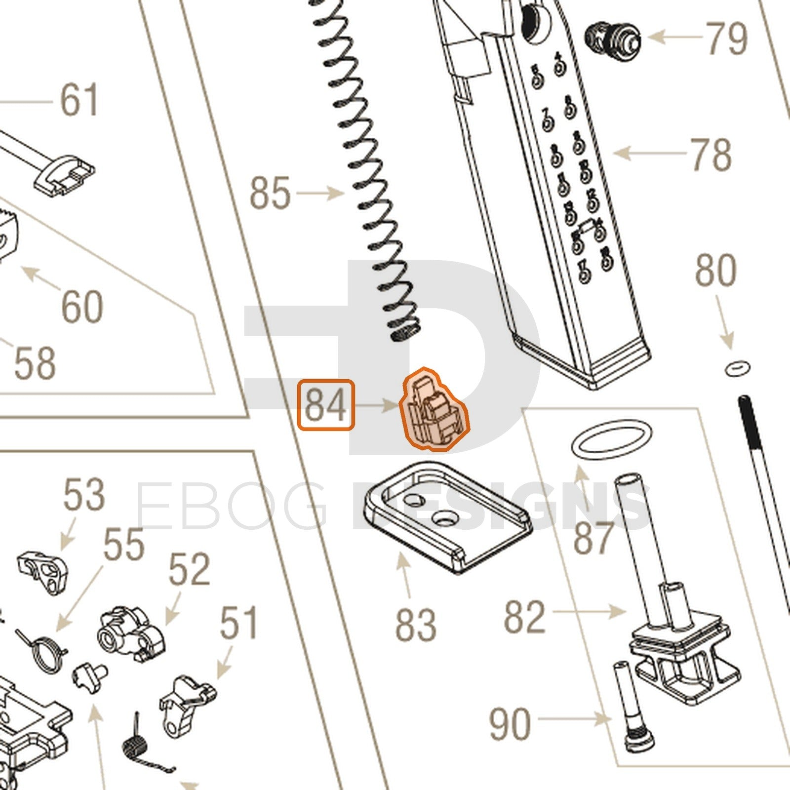 Action Army AAP-01 parts diagram with the base plate stopper, part 84, outlined