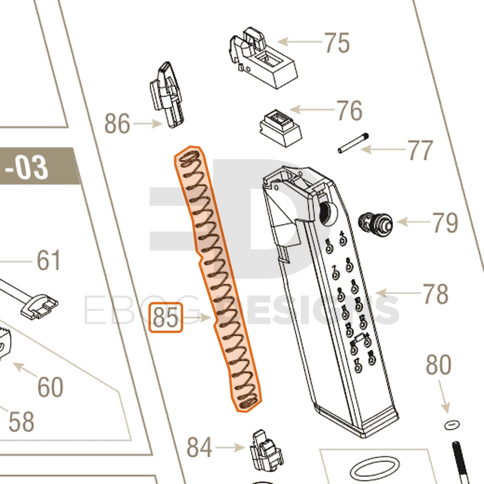 Action Army AAP-01 parts diagram with the magazine spring, part 85, outlined